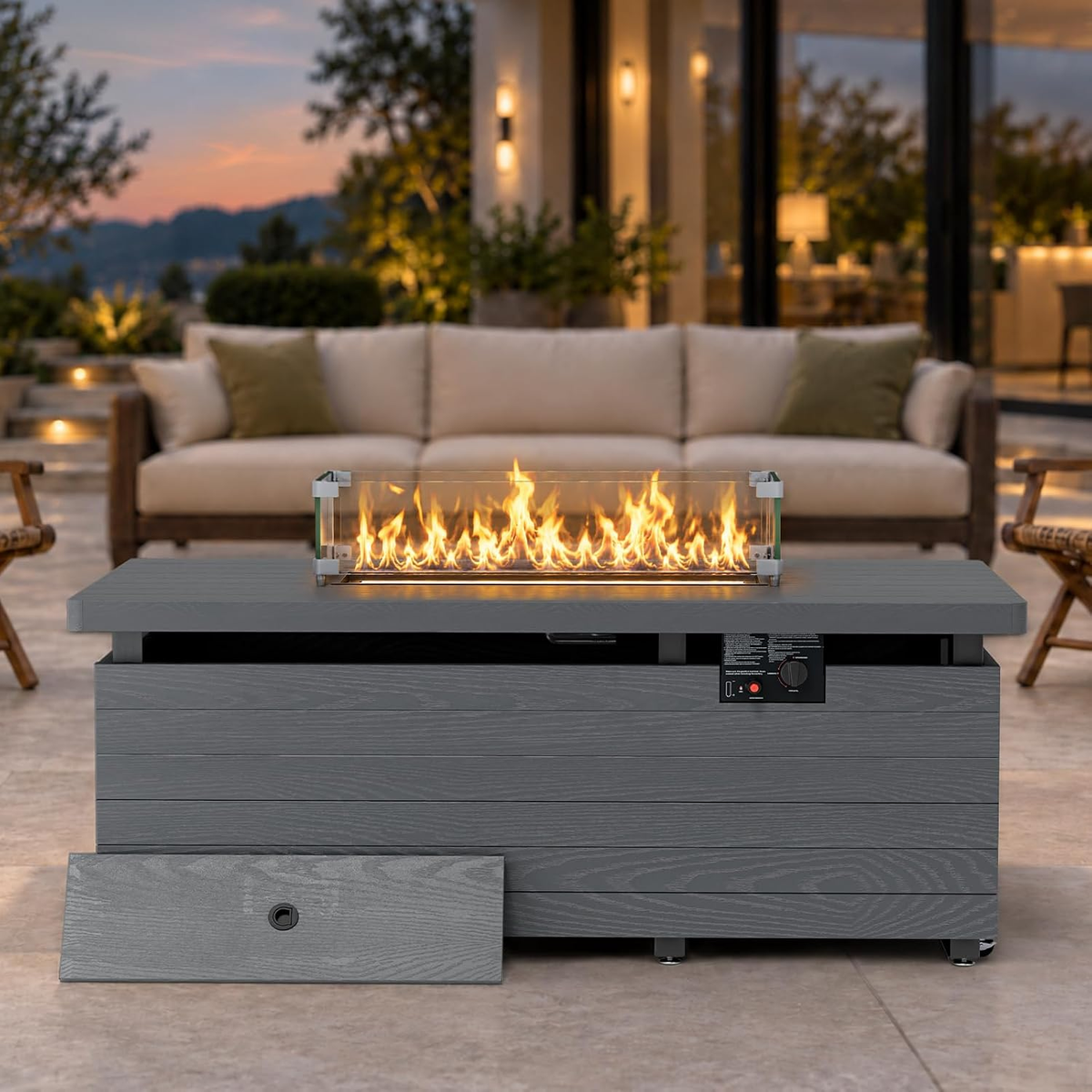 Betterhood Outdoor 51" Propane Fire Pit Table, 50,000 BTU Rectangular Propane Fire Table with Glass Wind Guard, Sliding Tank Holder, Removable Lid, CSA Certified, Gray 51inch