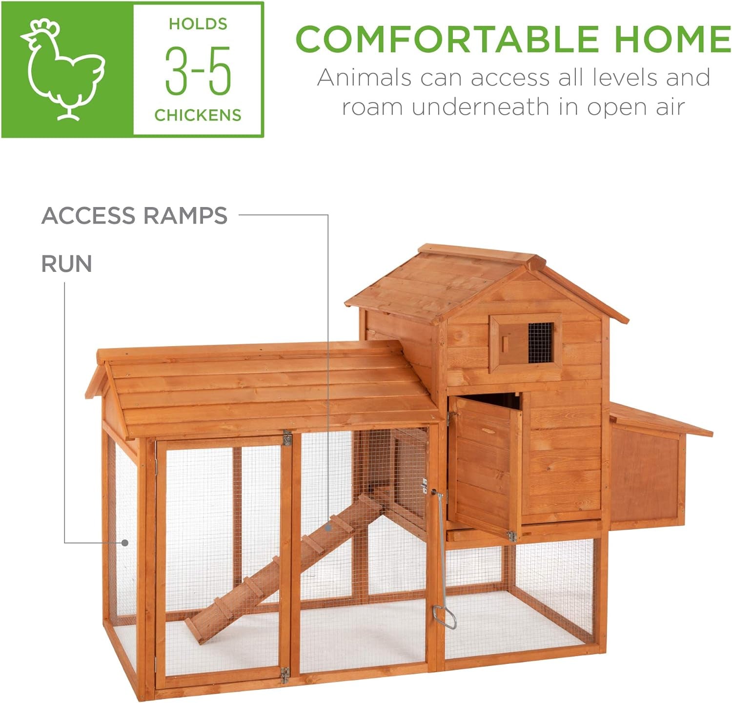 80In Outdoor Wooden Chicken Coop Multi-Level Hen House, Poultry Cage W/Ramps, Run, Nesting Box, Wire Fence, 3 Access Areas