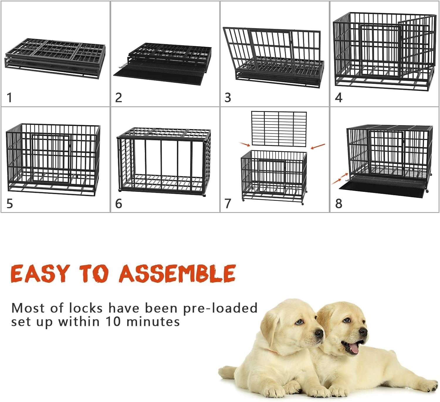48/38 Inch Heavy Duty Indestructible Dog Crate, Escape Proof Dog Cage Kennel with Lockable Wheels,High Anxiety Double Door,Extra Large Crate Indoor for Large Dog with Removable Tray