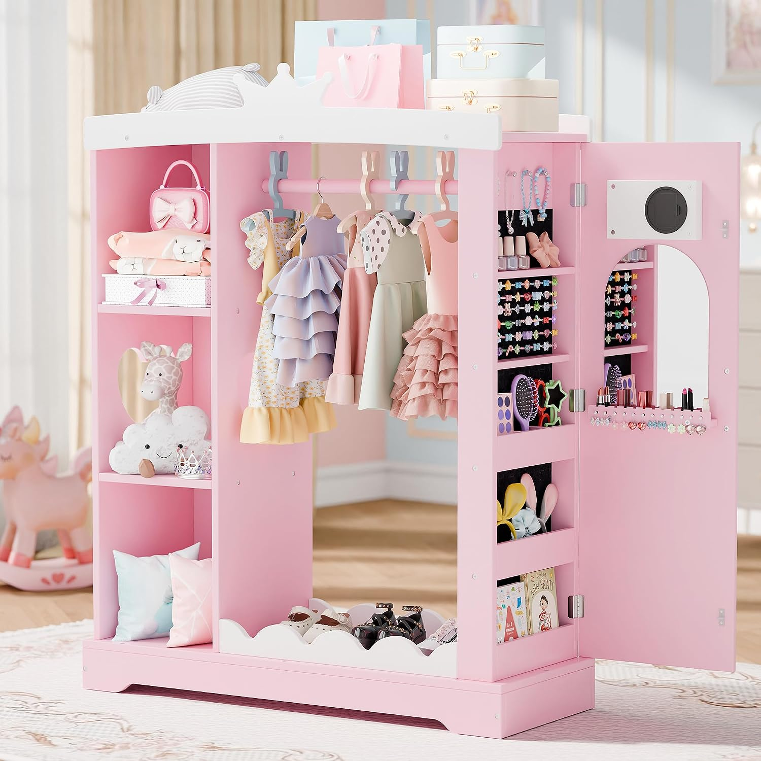Betterhood Kids Armoire with Jewelry Cabinet, Princess Dress Storage with Shelves&Mirror, Costumes Wardrobe Closet with Hanging Rack for Toddlers,Organizer for Bedroom (Pink)