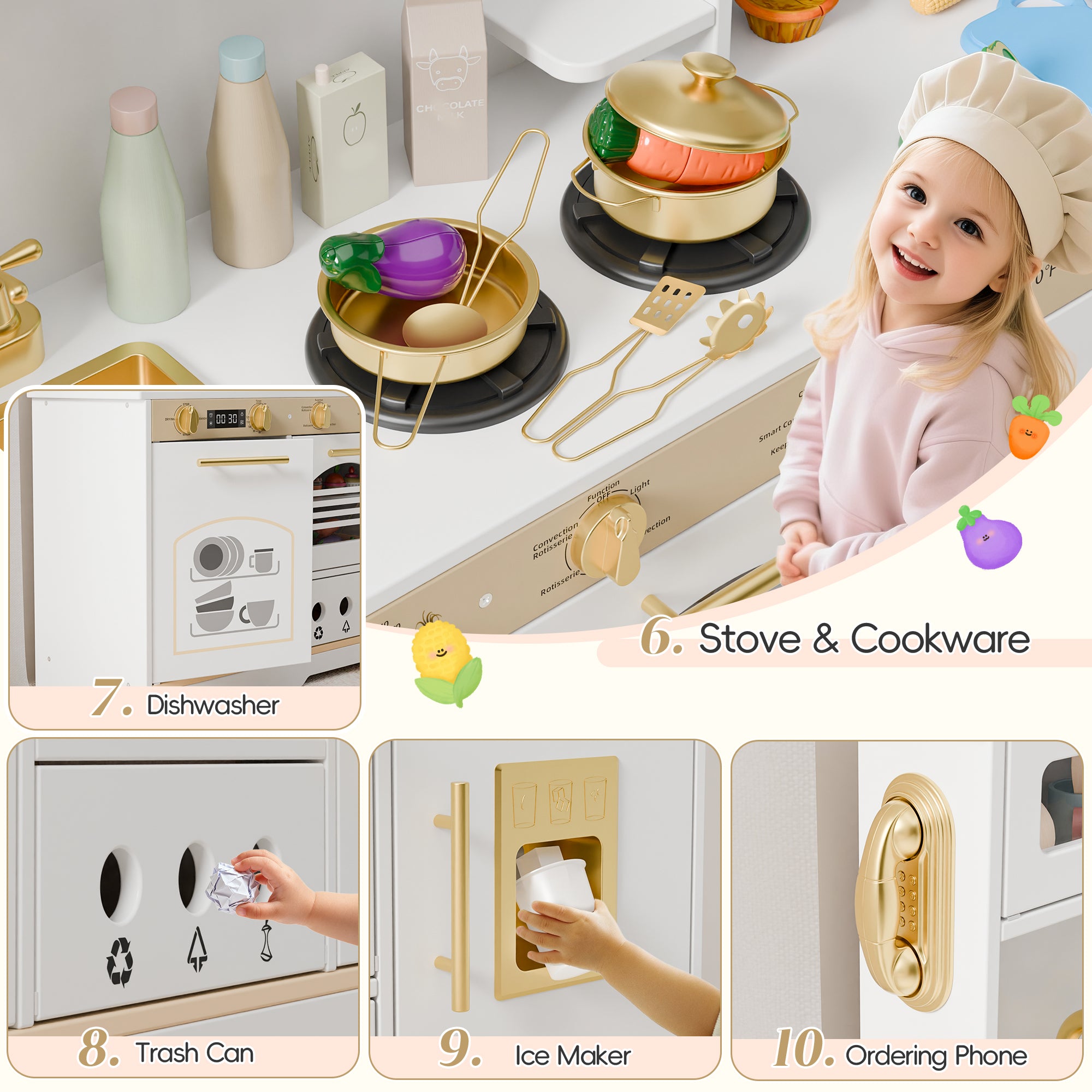 Play Kitchen for Toddlers, Kids Kitchen Playset, Wooden Kitchen Set for Kids with Toy Food and Cookware Accessories, Gift for Ages 3+ Girls Boys. Christmas Green