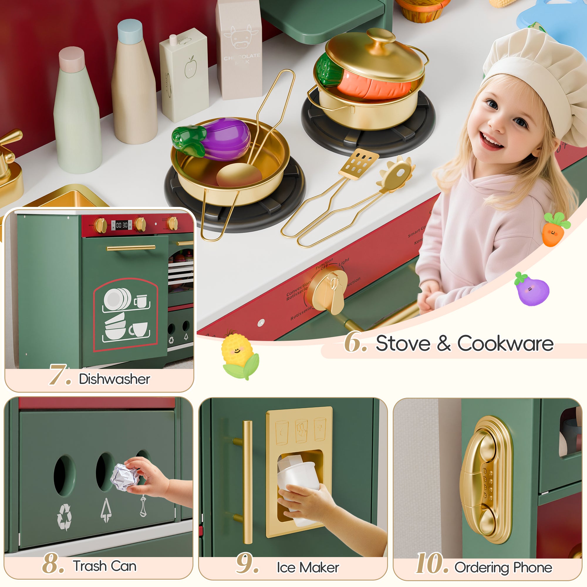 Play Kitchen for Toddlers, Kids Kitchen Playset, Wooden Kitchen Set for Kids with Toy Food and Cookware Accessories, Gift for Ages 3+ Girls Boys. Christmas Green