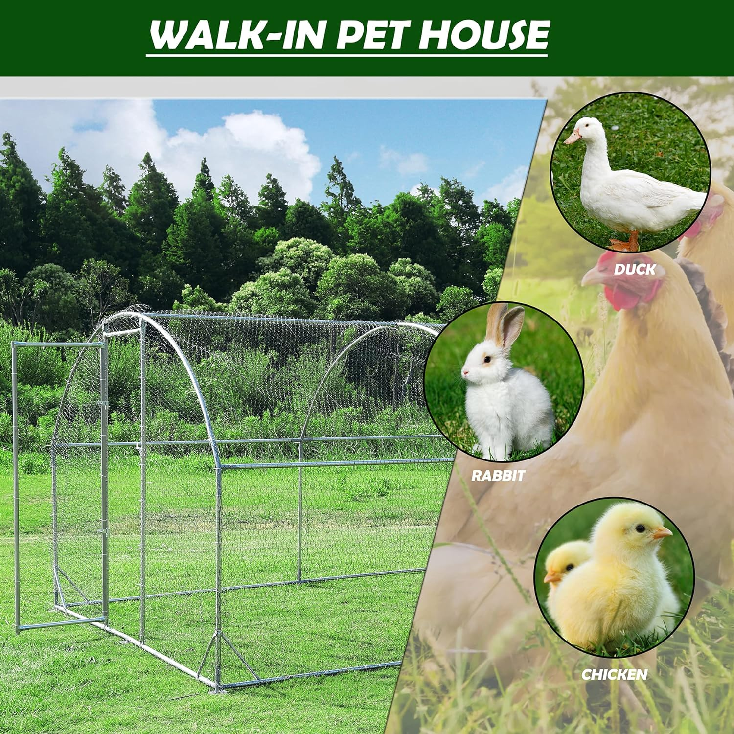 Betterhood Large Metal Chicken Coop Upgrade Tri-Supporting Wire Mesh Chicken Run,Chicken Pen with Water-Resident and Anti-UV Cover,Duck Rabbit House Outdoor(9'W x 19'L x 6.5'H)