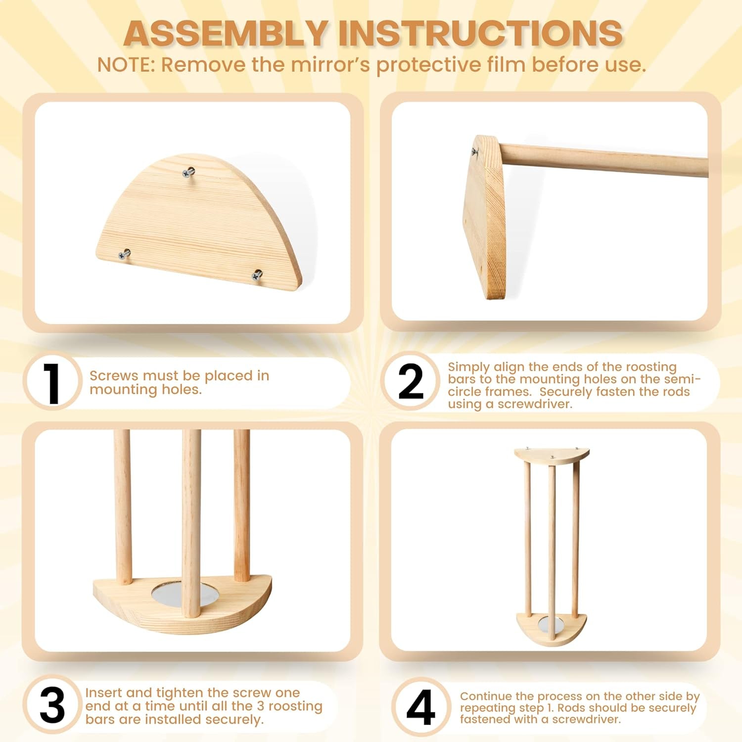 16" Extra Long Chicken Perch - Freestanding Roosting Bar for Baby Chicks with Built-In Mirrors for Entertainment - Durable Polished Bamboo Roosting Bar - 15 3/4 X 6 5/8 X 3 1/2"