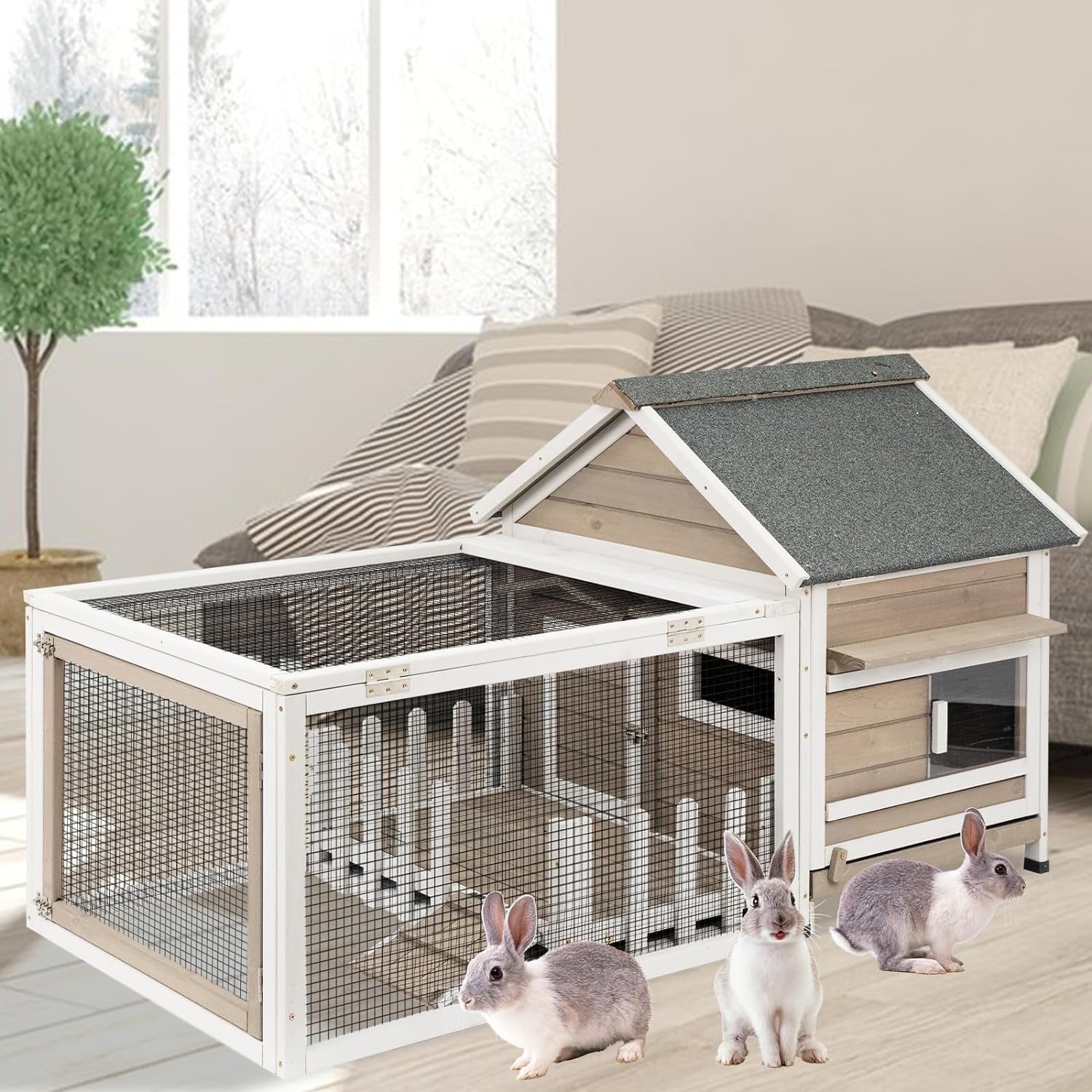 Outdoor Large Wooden Rabbit Hutch with White Picket Fence Front Porch Rabbit Cage with Run Indoor Bunny Hutch Guinea Pig Pet House Bunny Cage with Ramp, Pull Out Tray, Openable Asphalt Roof