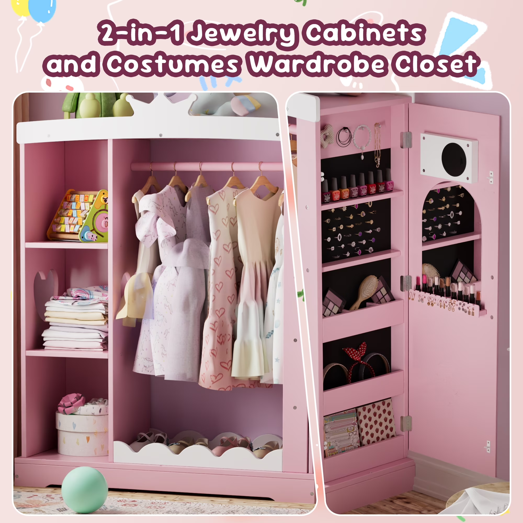 Tolead Kids Dress-Up Closet with Mirror & Jewelry Storage, Toddler Costume Organizer with Hanging Rod & Shelves, Pink Wardrobe for Girls’ Bedroom