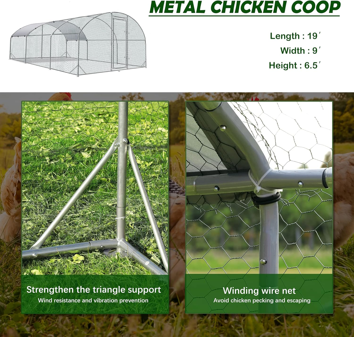 Betterhood Large Metal Chicken Coop Upgrade Tri-Supporting Wire Mesh Chicken Run,Chicken Pen with Water-Resident and Anti-UV Cover,Duck Rabbit House Outdoor(9'W x 19'L x 6.5'H)