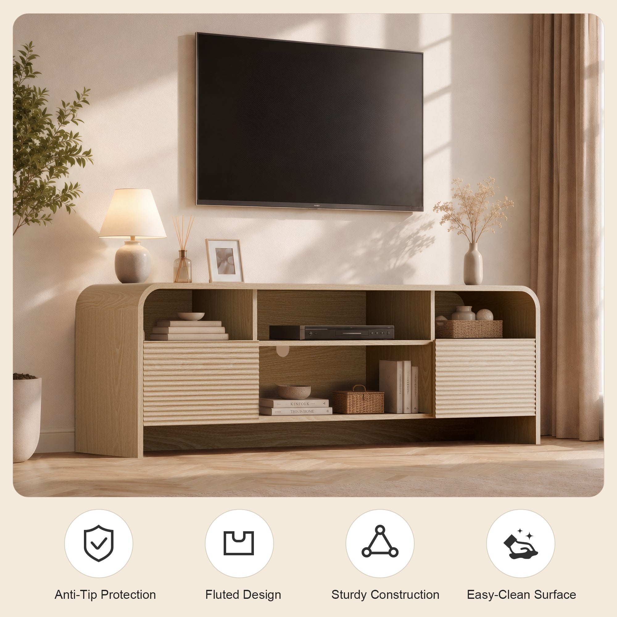 Xilingol 59" Fluted TV Stand, Modern Media Console for TVs up to 65", Natural Oak