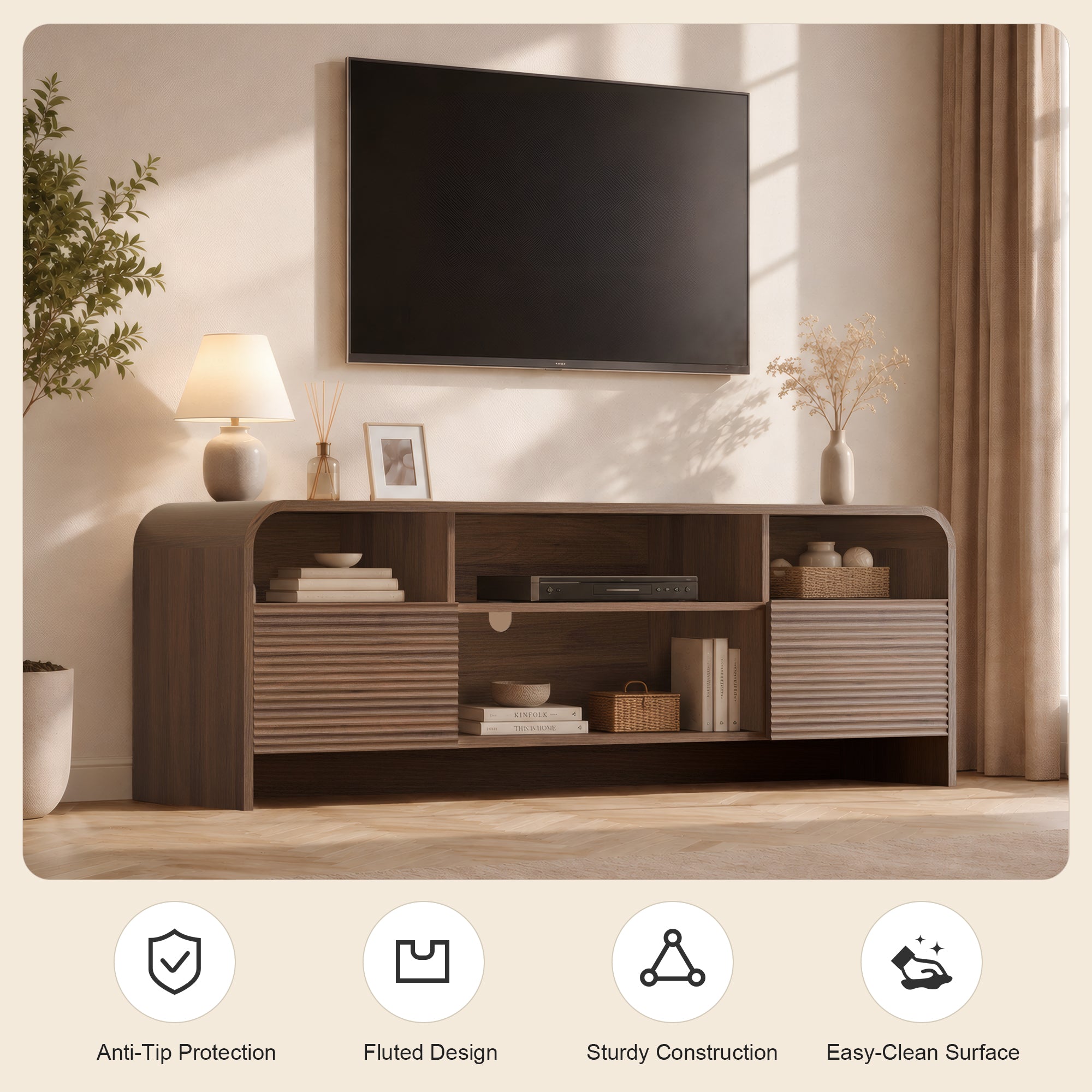 Xilingol 59" Fluted TV Stand, Modern Media Console for TVs up to 65", Dark Walnut