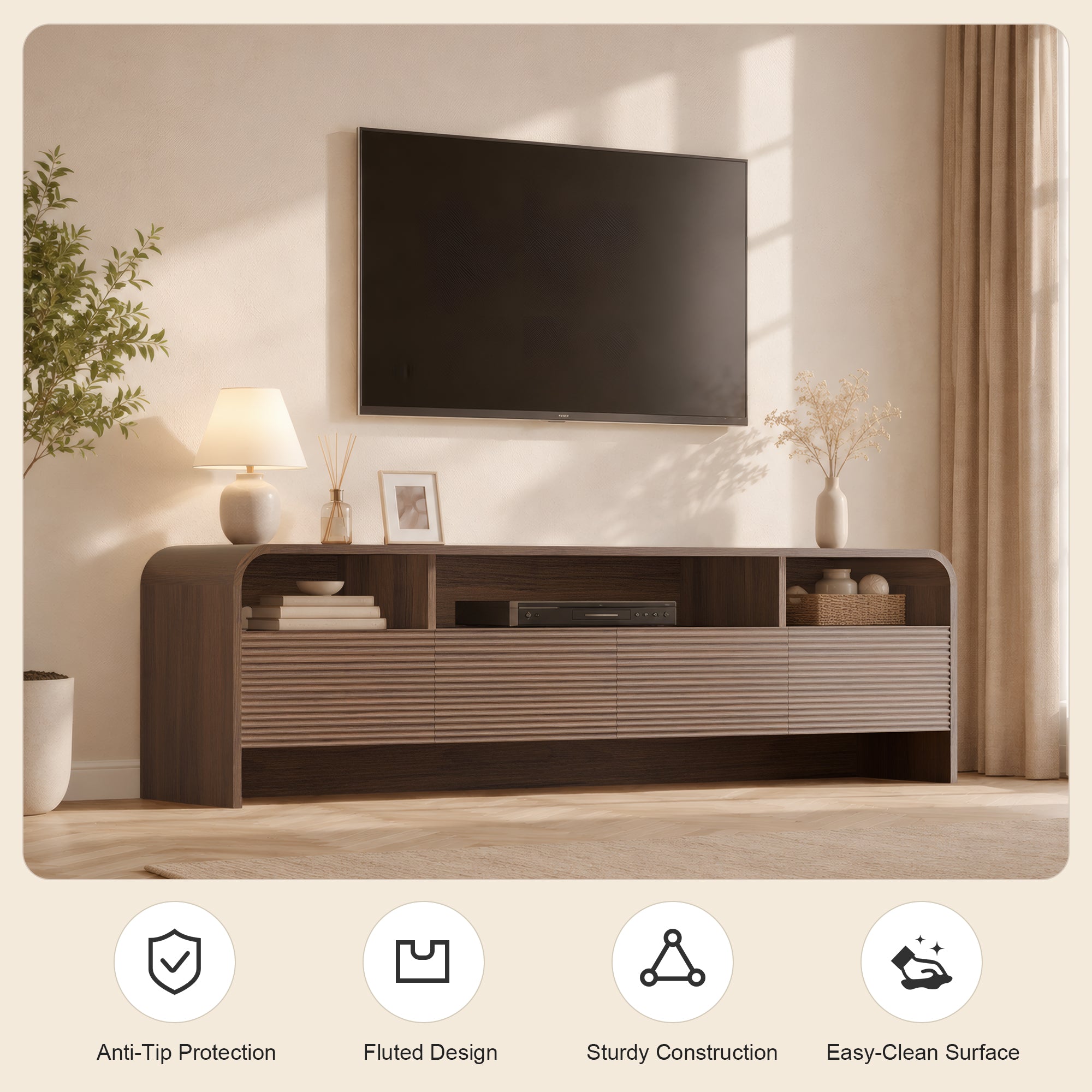 Xilingol 70" Fluted TV Stand, Modern Media Console for TVs up to 80", Dark Walnut