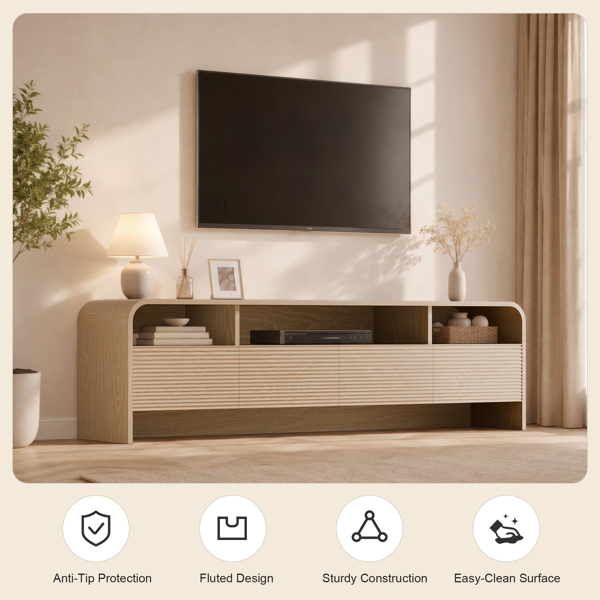 Xilingol 70" Fluted TV Stand, Modern Media Console for TVs up to 80", Natural Oak