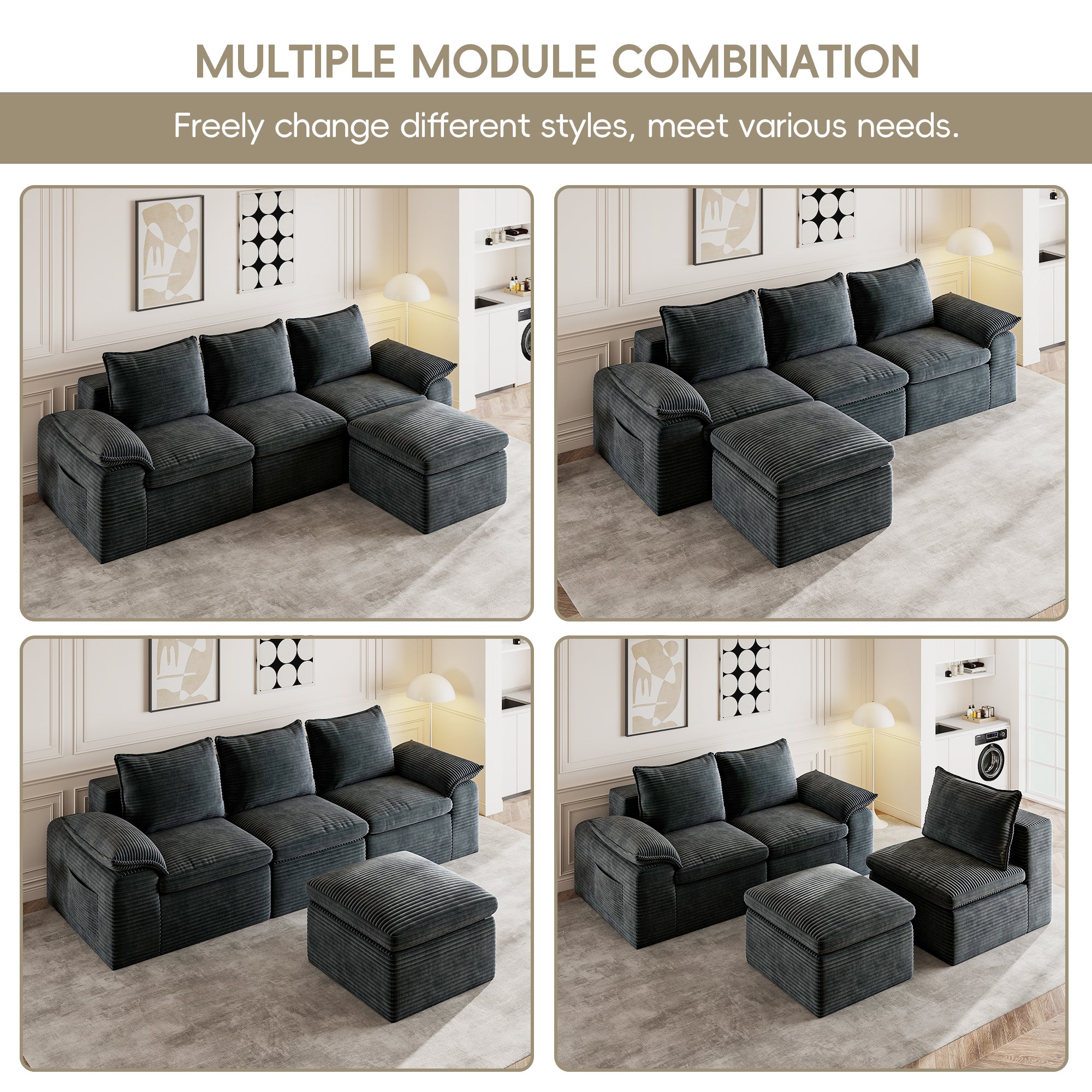 Buytime 104" Comfy Cloud Couch, Convertible Boneless Couches for Living Room, L Shaped Modular Sectional Sofa with Deep Seat, Double-Layer Cloud Cushion and Headrest, Pebble Grey