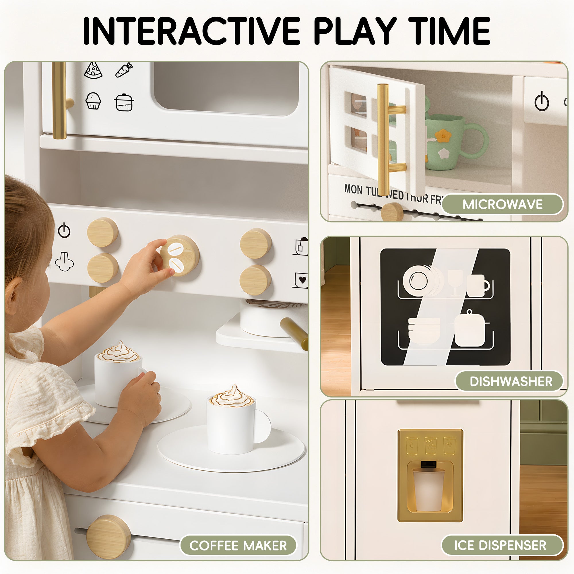 Xilingol Kids Kitchen Playset, Wooden Play Kitchen with 24 Accessories, Cream White
