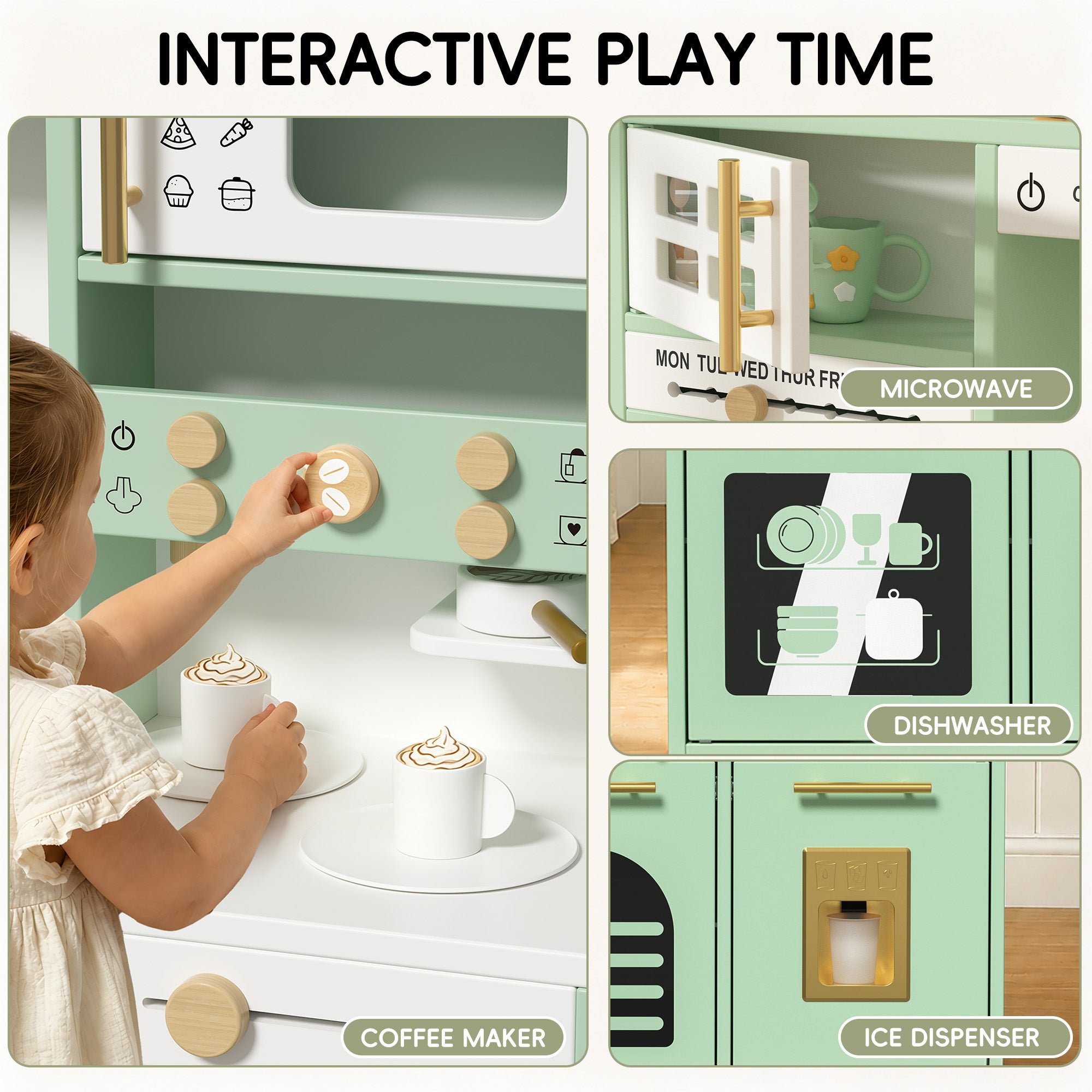Xilingol Kids Kitchen Playset, Wooden Play Kitchen with 24 Accessories, Mint Green