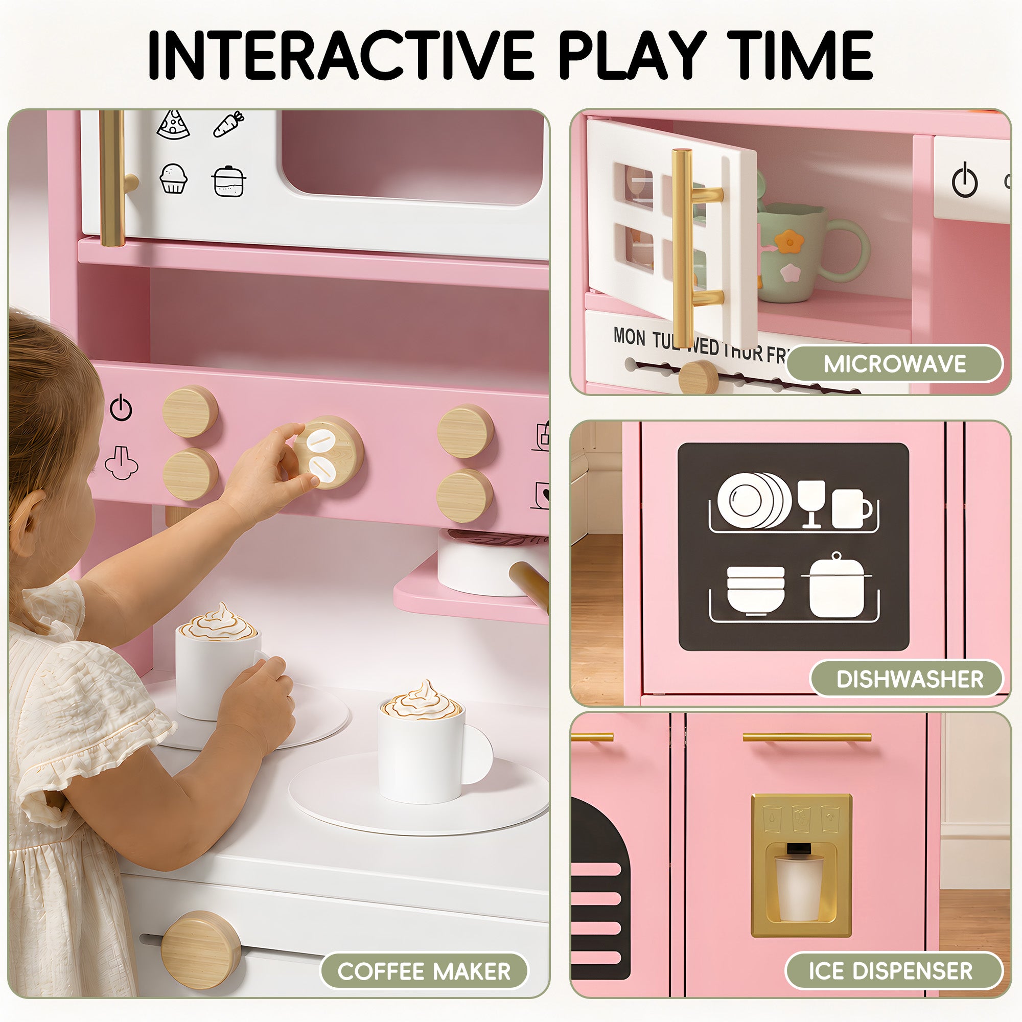 Xilingol Kids Kitchen Playset, Wooden Play Kitchen with 24 Accessories, Pink
