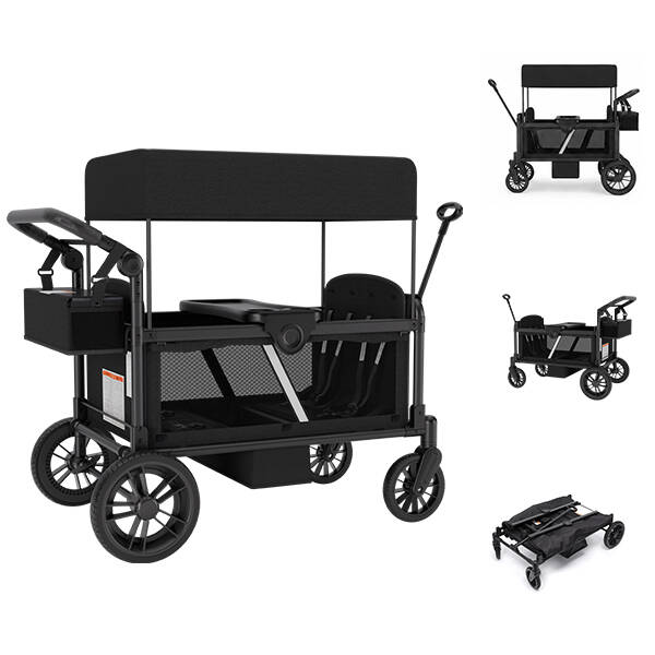 Scabine 4-Seat All-Terrain Toddler Wagon Quad Stroller - Collapsible, Folding, Portable Foldable, for Multiple Kids, Adjustable UPF Sun Canopy, Side Opening Door, Push-Pull Handles, Detachable Snack Tray, Large Storage, Outdoor Family Use, Grey/Black