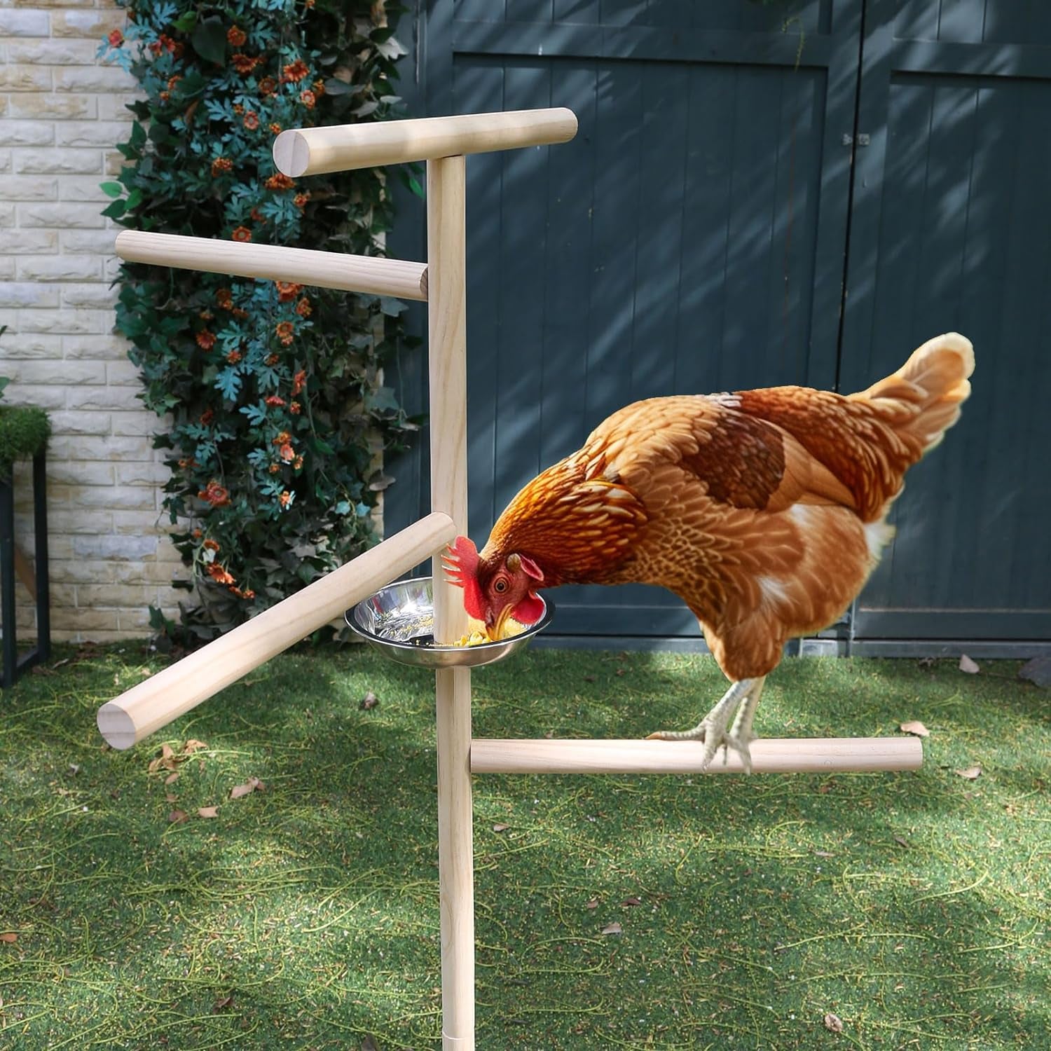 2 PC Chicken Perch Toy with Feeder Bowl for Coop (57"H), 9Parts 3 Minutes Installation, Wooden Chicken Roost 33Mm Diameter Stand with Metal Ground Plug, Chicken Coop Accessories, Chicken Roosting Bars