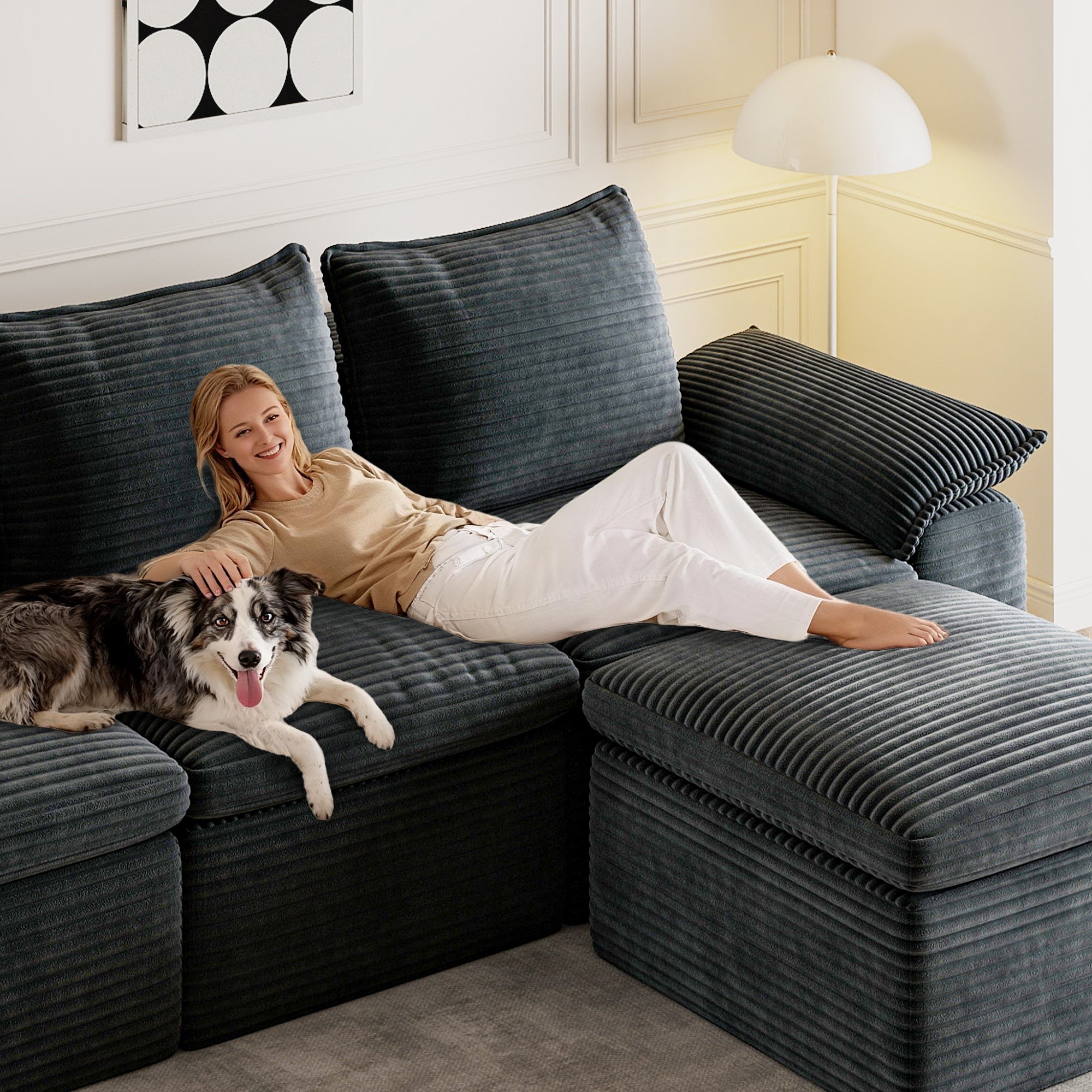 Buytime 104" Comfy Cloud Couch, Convertible Boneless Couches for Living Room, L Shaped Modular Sectional Sofa with Deep Seat, Double-Layer Cloud Cushion and Headrest, Pebble Grey