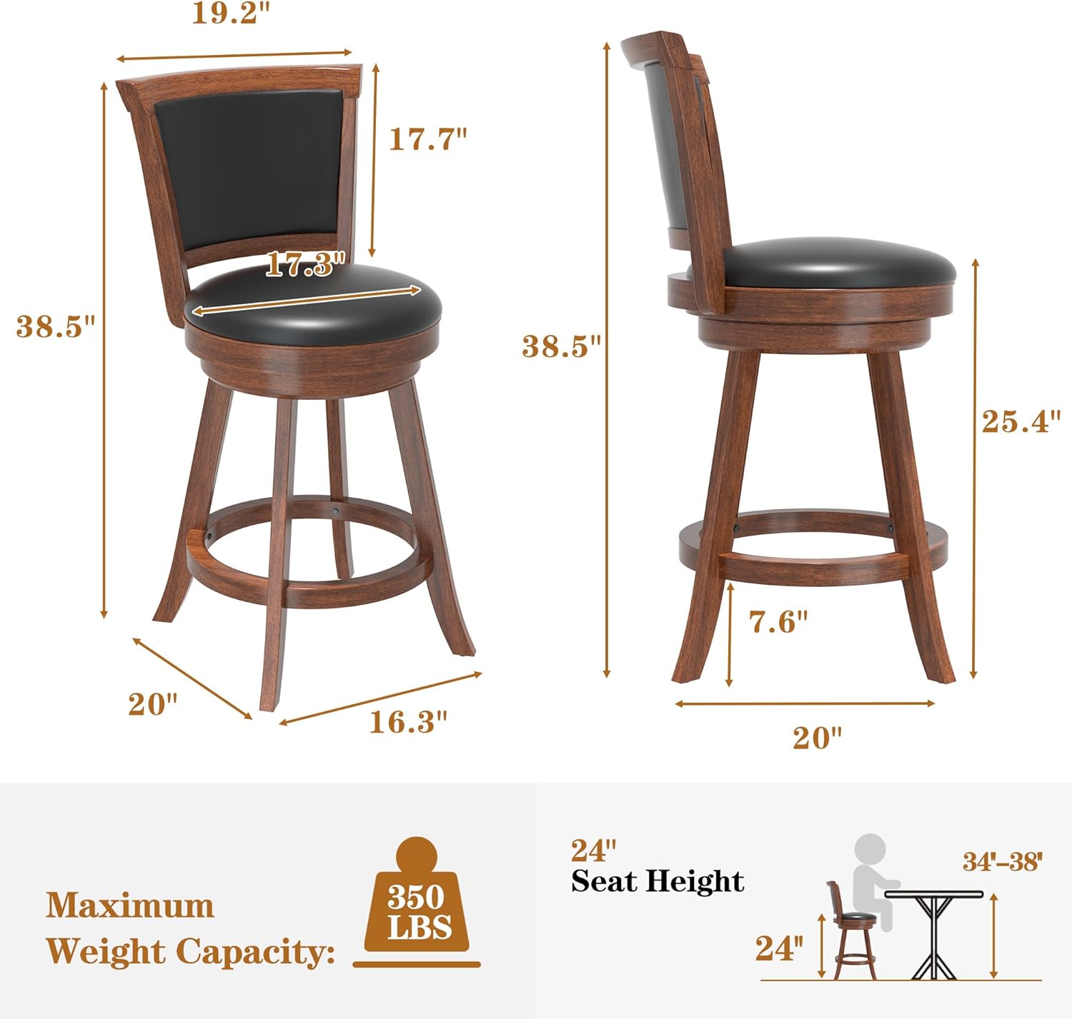 Betterhood  24" Counter Height Swivel Bar Stools, High Back Swivel Counter Stools with Black Faux Leather Upholstered Seat & Solid Wood Footrest, Counter Bar Chairs for Kitchen Island & Pub (Brown, Set of 2)
