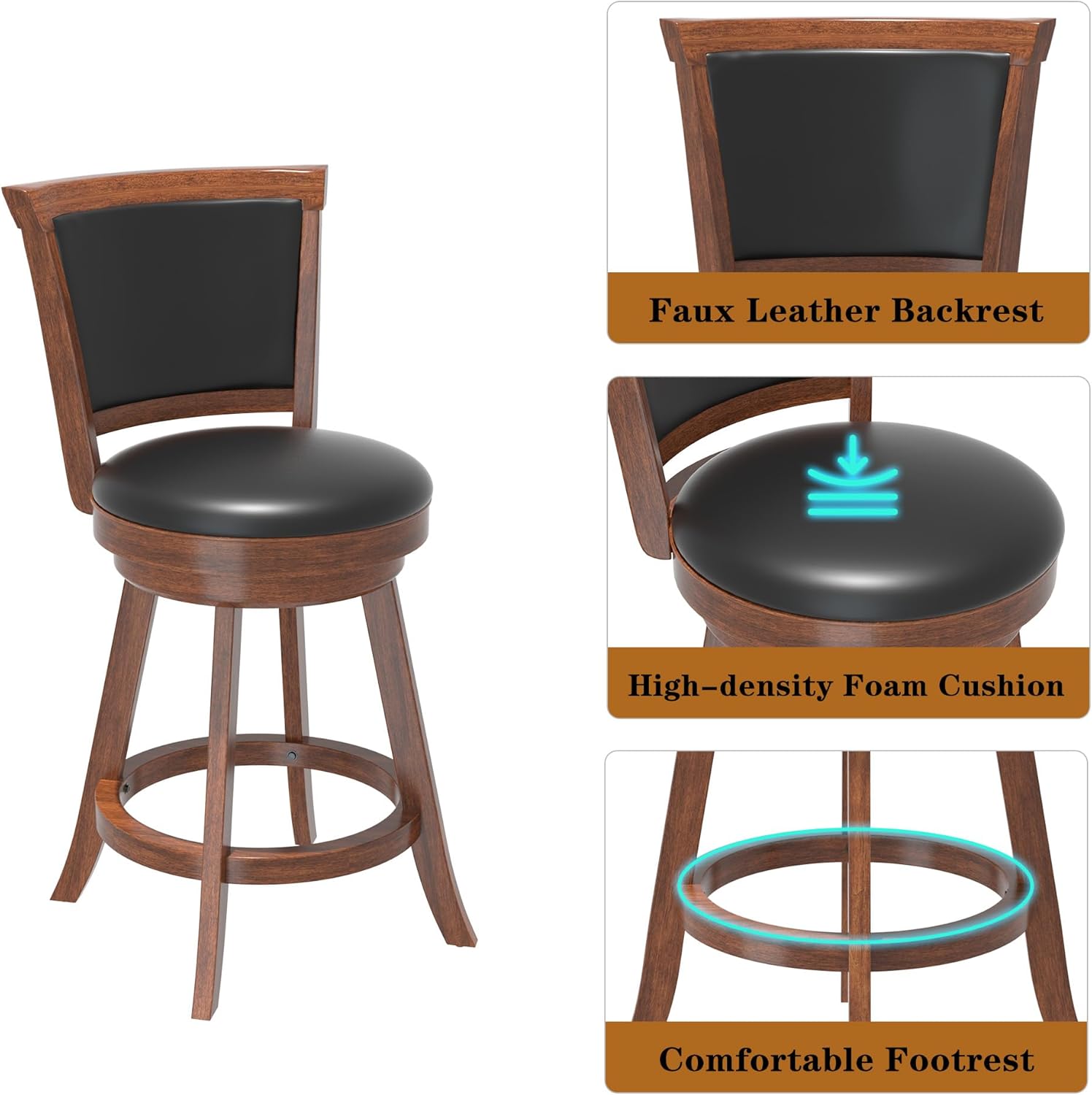 Betterhood  24" Counter Height Swivel Bar Stools, High Back Swivel Counter Stools with Black Faux Leather Upholstered Seat & Solid Wood Footrest, Counter Bar Chairs for Kitchen Island & Pub (Brown, Set of 2)