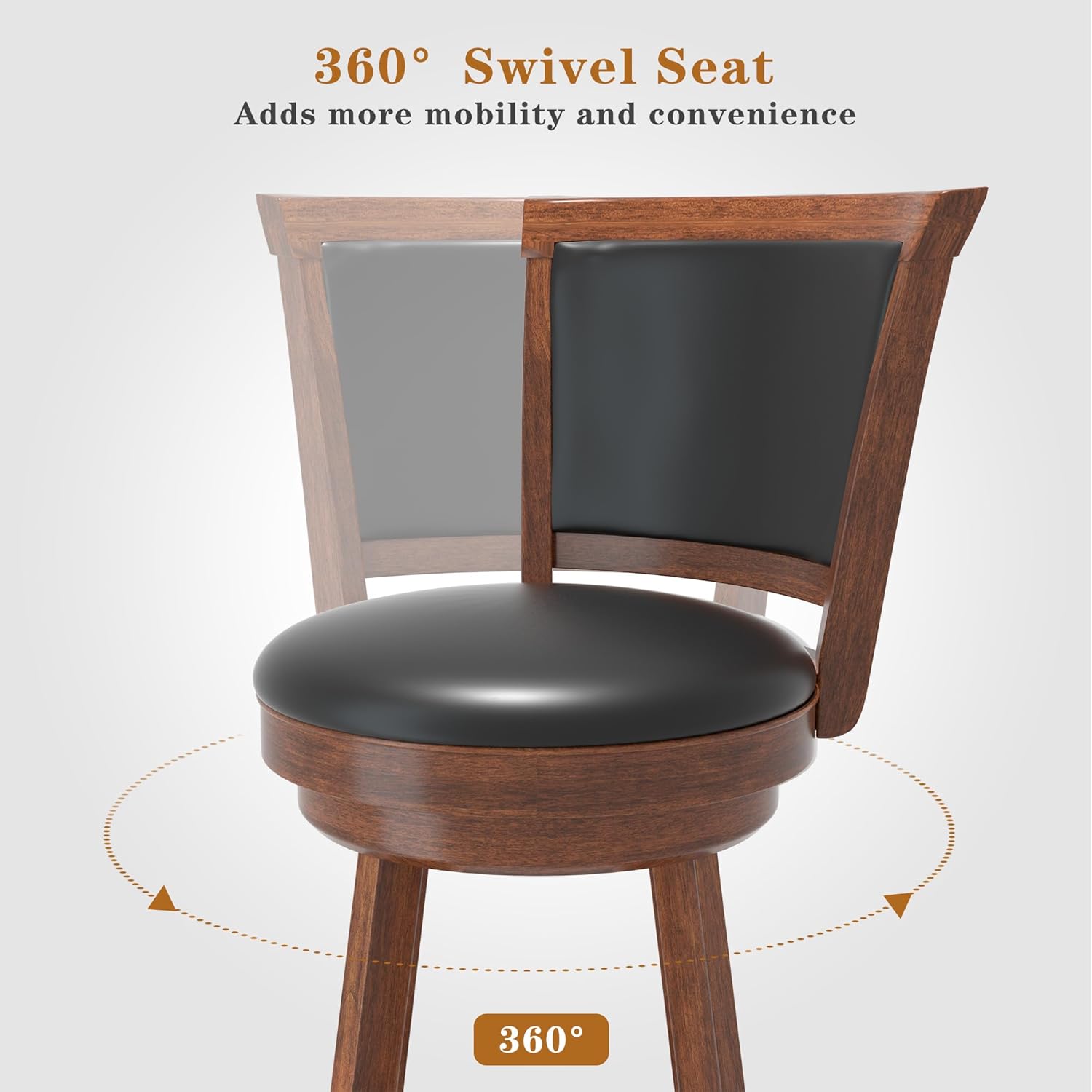 Betterhood  24" Counter Height Swivel Bar Stools, High Back Swivel Counter Stools with Black Faux Leather Upholstered Seat & Solid Wood Footrest, Counter Bar Chairs for Kitchen Island & Pub (Brown, Set of 2)
