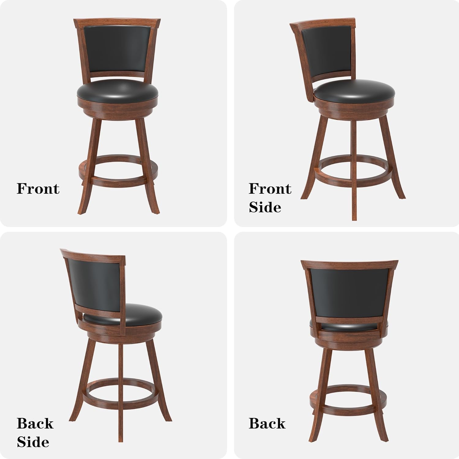 Betterhood  24" Counter Height Swivel Bar Stools, High Back Swivel Counter Stools with Black Faux Leather Upholstered Seat & Solid Wood Footrest, Counter Bar Chairs for Kitchen Island & Pub (Brown, Set of 2)
