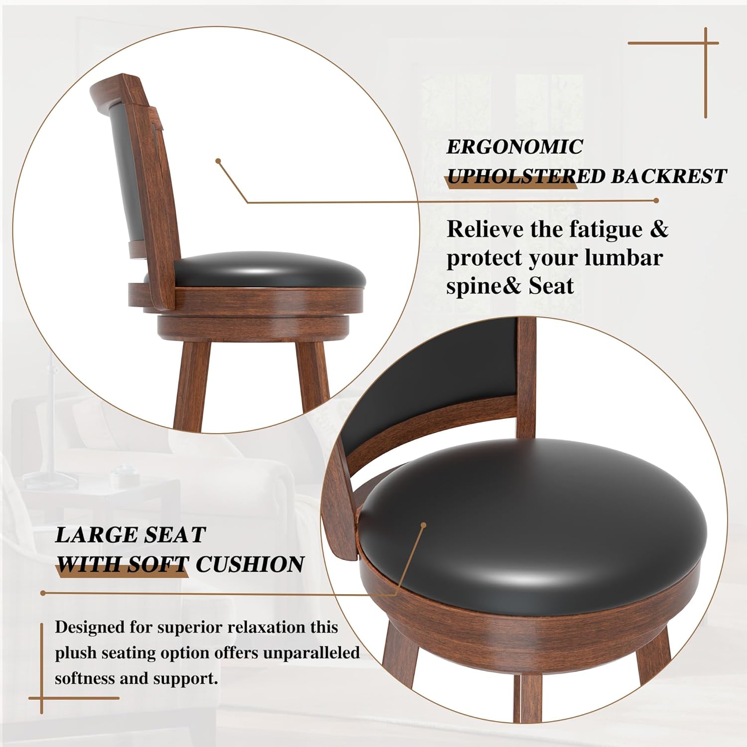 Betterhood  24" Counter Height Swivel Bar Stools, High Back Swivel Counter Stools with Black Faux Leather Upholstered Seat & Solid Wood Footrest, Counter Bar Chairs for Kitchen Island & Pub (Brown, Set of 2)