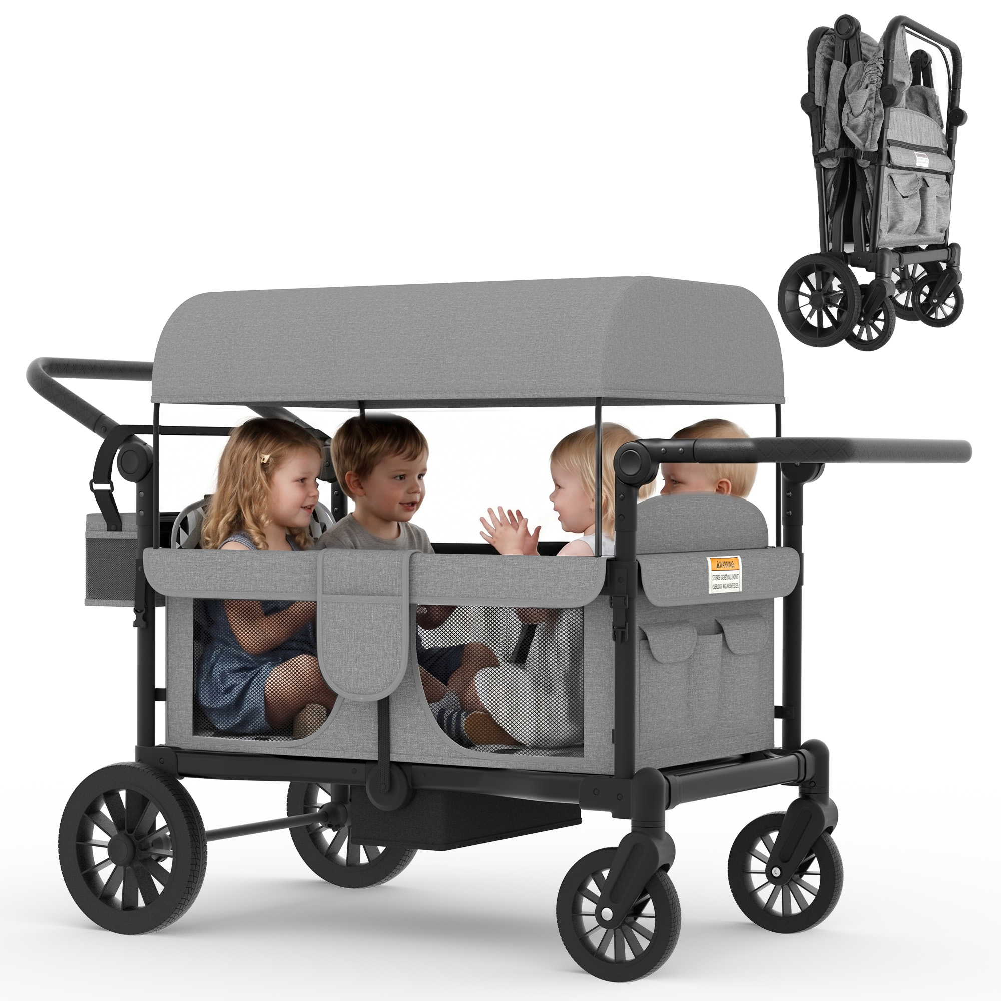 Xilingol 4-Seater Wagon Stroller for Kids, Foldable Outdoor Wagon with Canopy, Adjustable Handle, 5-Point Harness, Detachable Tray & Carry Bag (Grey)