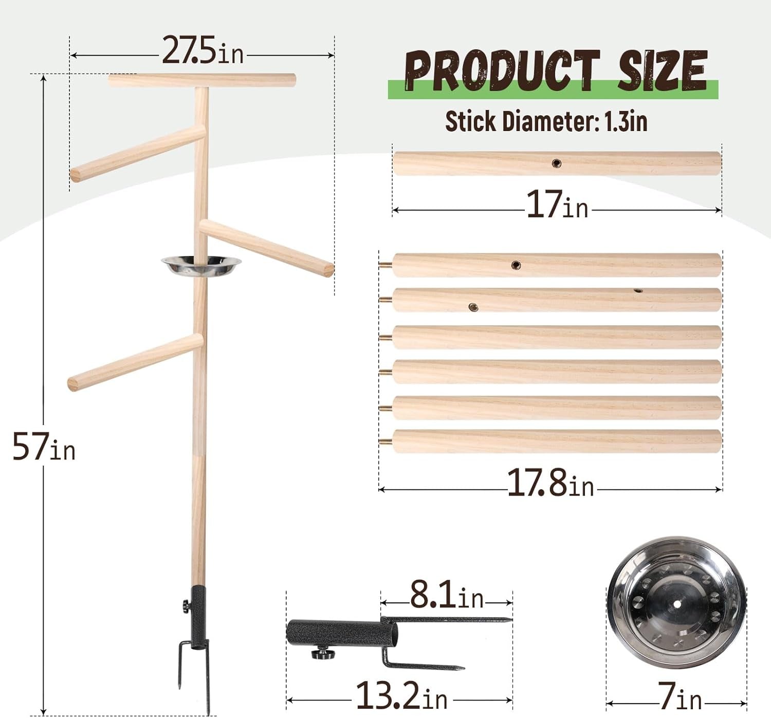 2 PC Chicken Perch Toy with Feeder Bowl for Coop (57"H), 9Parts 3 Minutes Installation, Wooden Chicken Roost 33Mm Diameter Stand with Metal Ground Plug, Chicken Coop Accessories, Chicken Roosting Bars