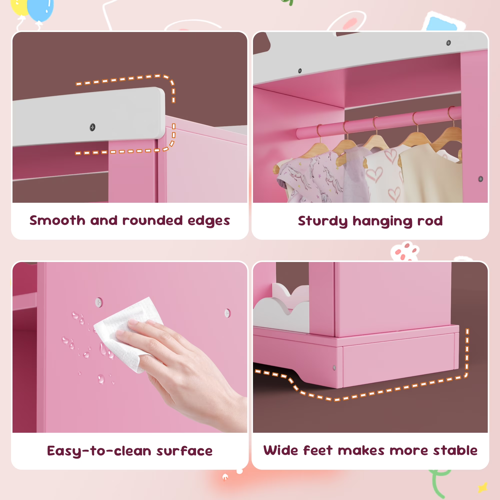 Tolead Kids Dress-Up Closet with Mirror & Jewelry Storage, Toddler Costume Organizer with Hanging Rod & Shelves, Pink Wardrobe for Girls’ Bedroom