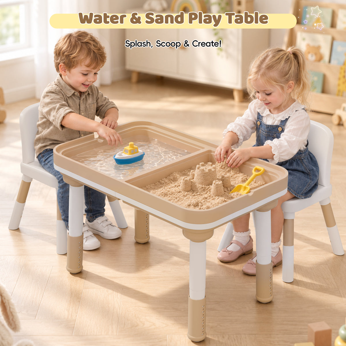 Xilingol 5-in-1 Kids Table and Chairs Set, Sand Painting Box for Toddlers