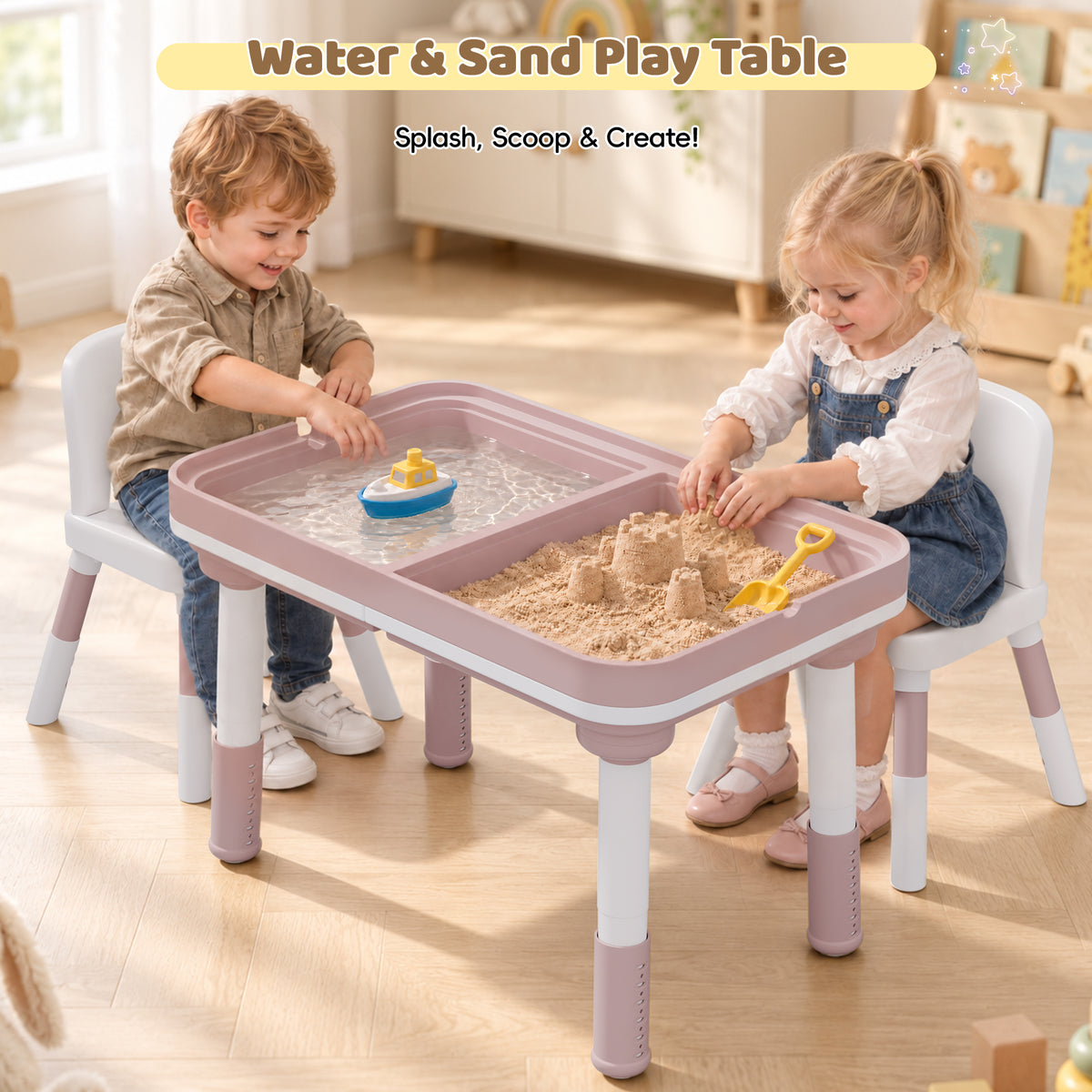 Xilingol 5-in-1 Kids Table and Chairs Set, Sand Painting Box for Toddlers