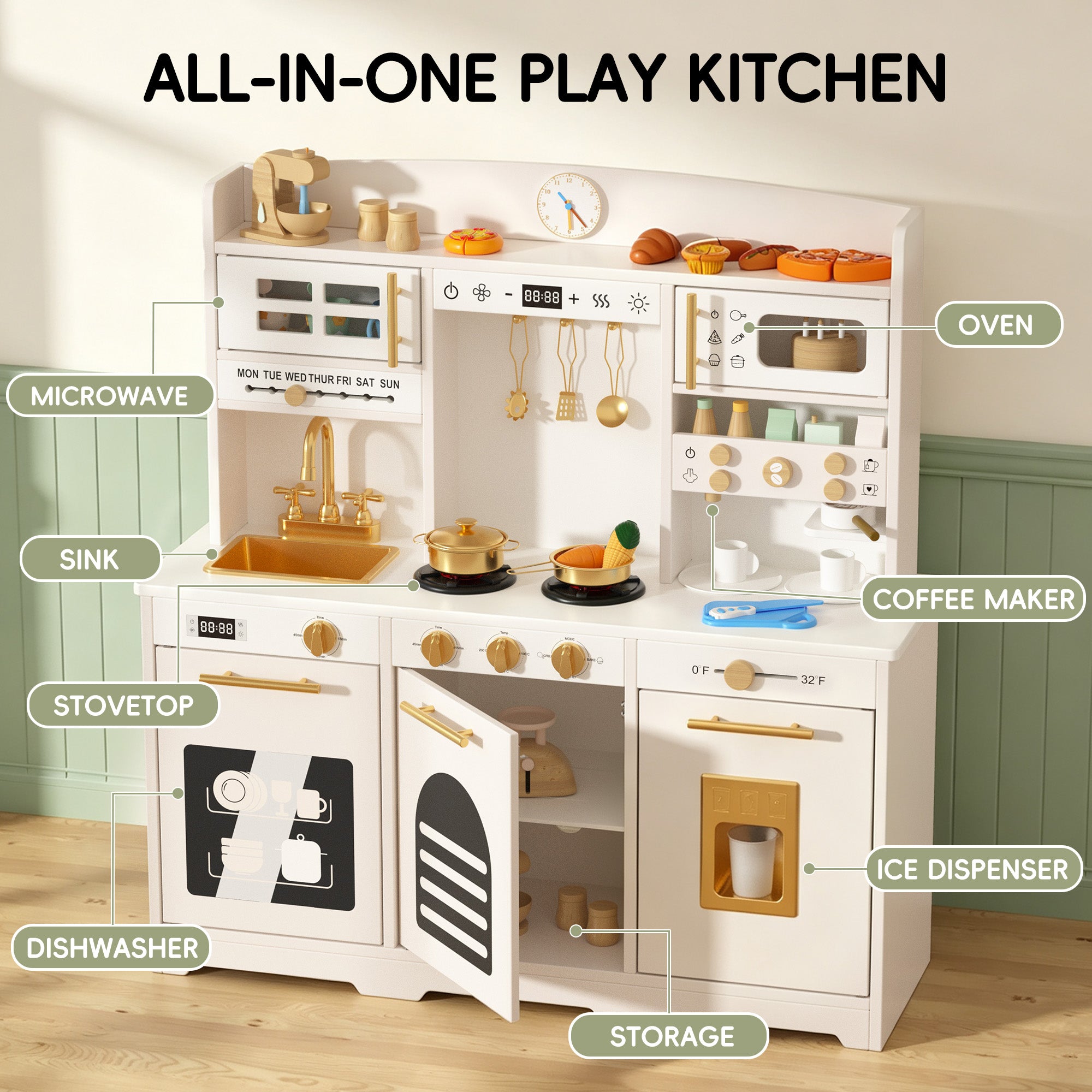 Xilingol Kids Kitchen Playset, Wooden Play Kitchen with 24 Accessories, Cream White