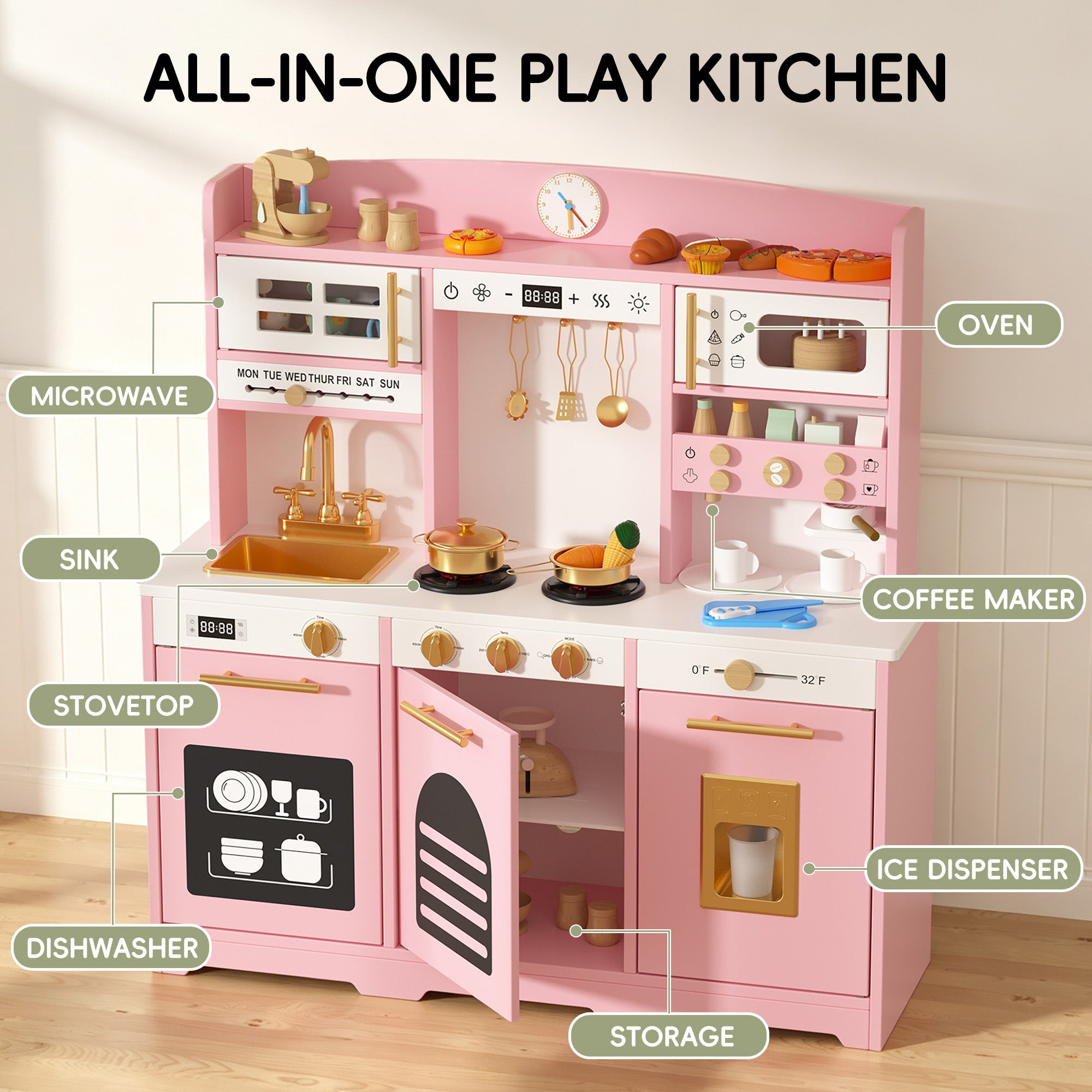 Xilingol Kids Kitchen Playset, Wooden Play Kitchen with 24 Accessories, Pink