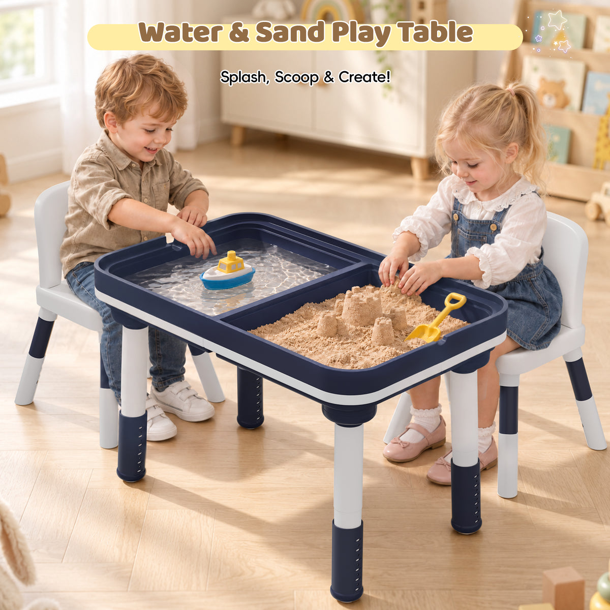 Xilingol 5-in-1 Kids Table and Chairs Set, Sand Painting Box for Toddlers