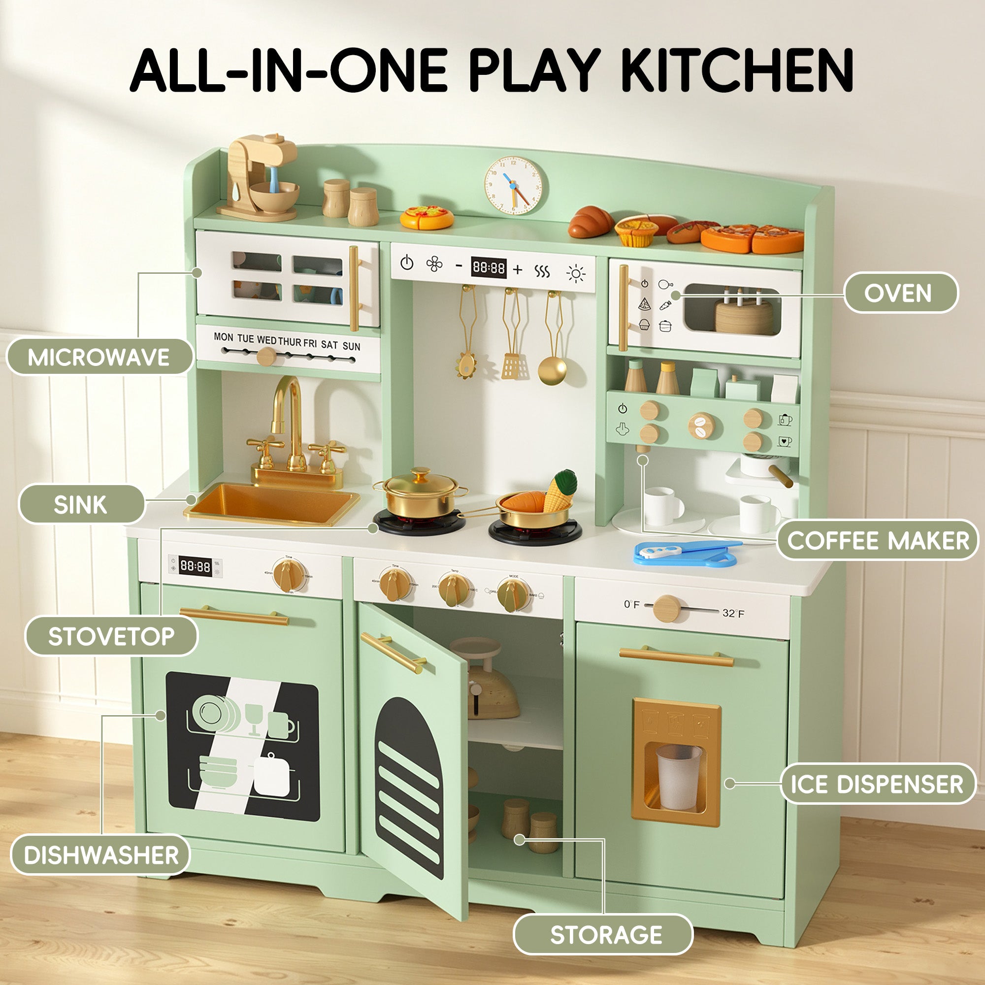 Xilingol Kids Kitchen Playset, Wooden Play Kitchen with 24 Accessories, Mint Green