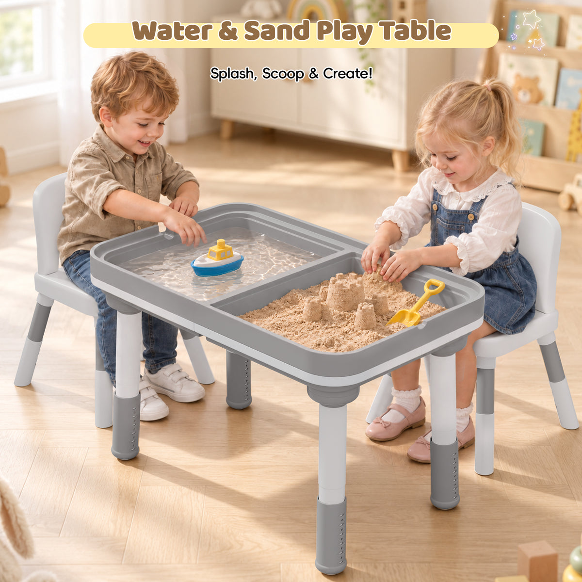 Xilingol 5-in-1 Kids Table and Chairs Set, Sand Painting Box for Toddlers