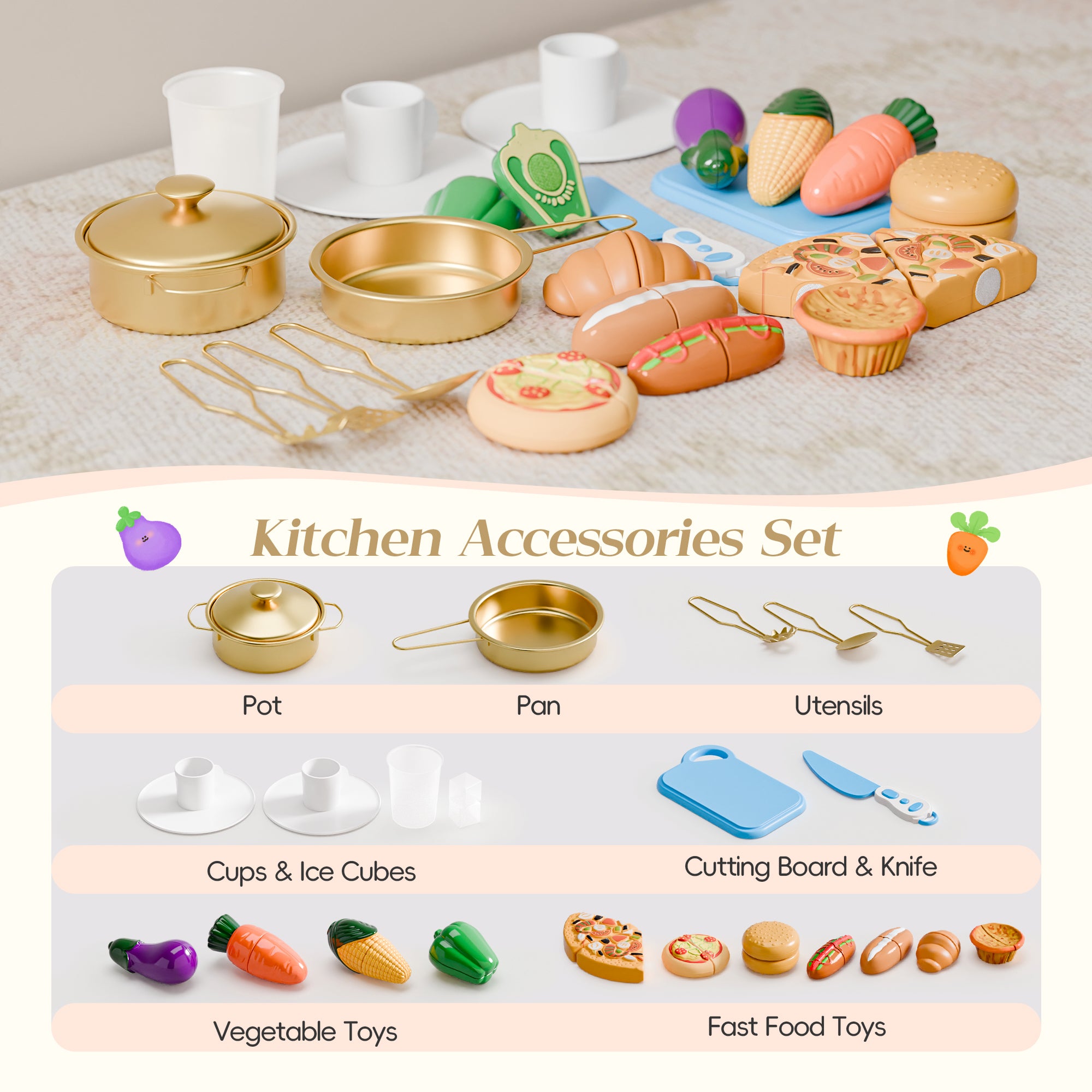 Play Kitchen for Toddlers, Kids Kitchen Playset, Wooden Kitchen Set for Kids with Toy Food and Cookware Accessories, Gift for Ages 3+ Girls Boys. Christmas Green