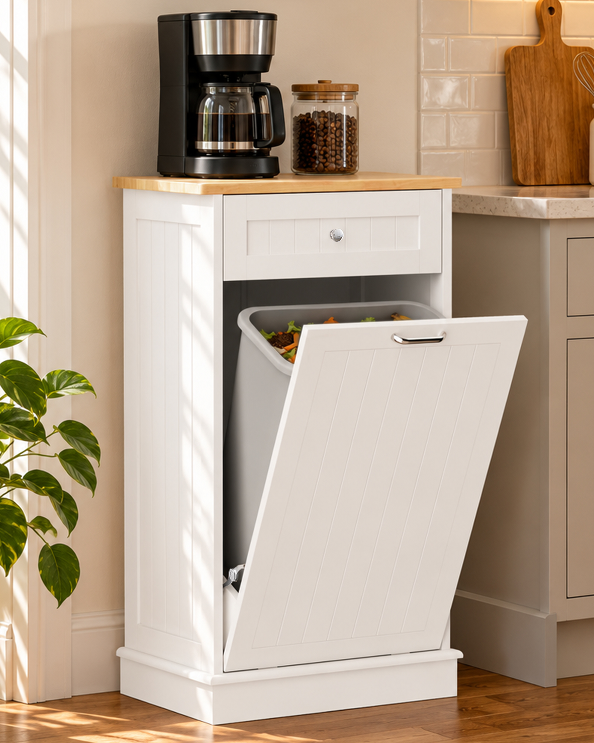Betterhood 13 Gallon Tilt Out Trash Cabinet with Big Storage Drawer, Solid Wooden Trash Garbage Can Cabinet, Mid-Century Modern Recycling Cabinet & Laundry Sorter for Kitchen Dining RoomWhite