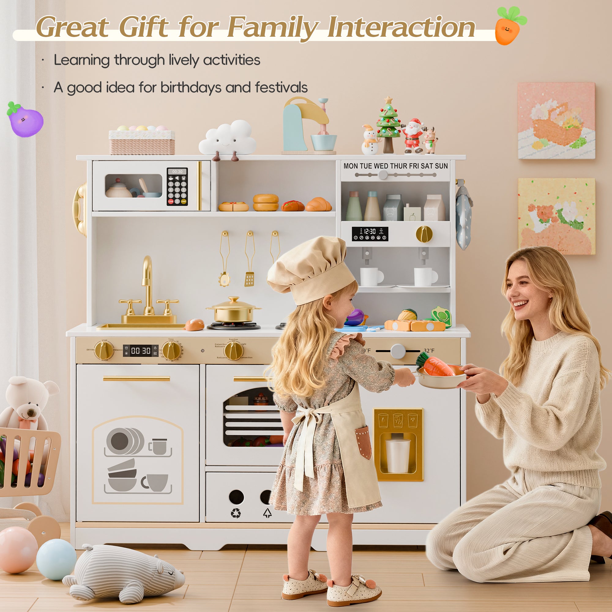 Play Kitchen for Toddlers, Kids Kitchen Playset, Wooden Kitchen Set for Kids with Toy Food and Cookware Accessories, Gift for Ages 3+ Girls Boys. Christmas Green