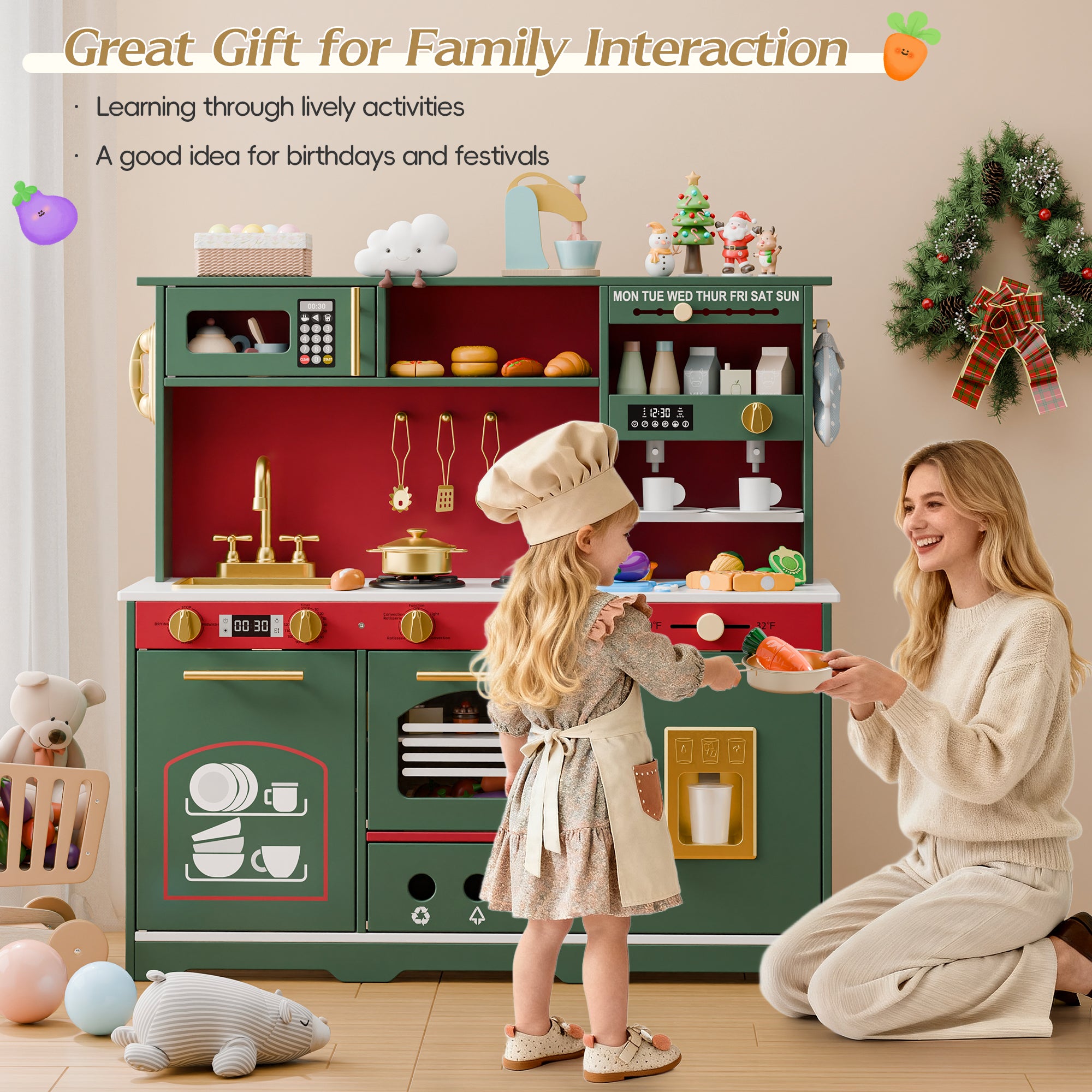 Play Kitchen for Toddlers, Kids Kitchen Playset, Wooden Kitchen Set for Kids with Toy Food and Cookware Accessories, Gift for Ages 3+ Girls Boys. Christmas Green