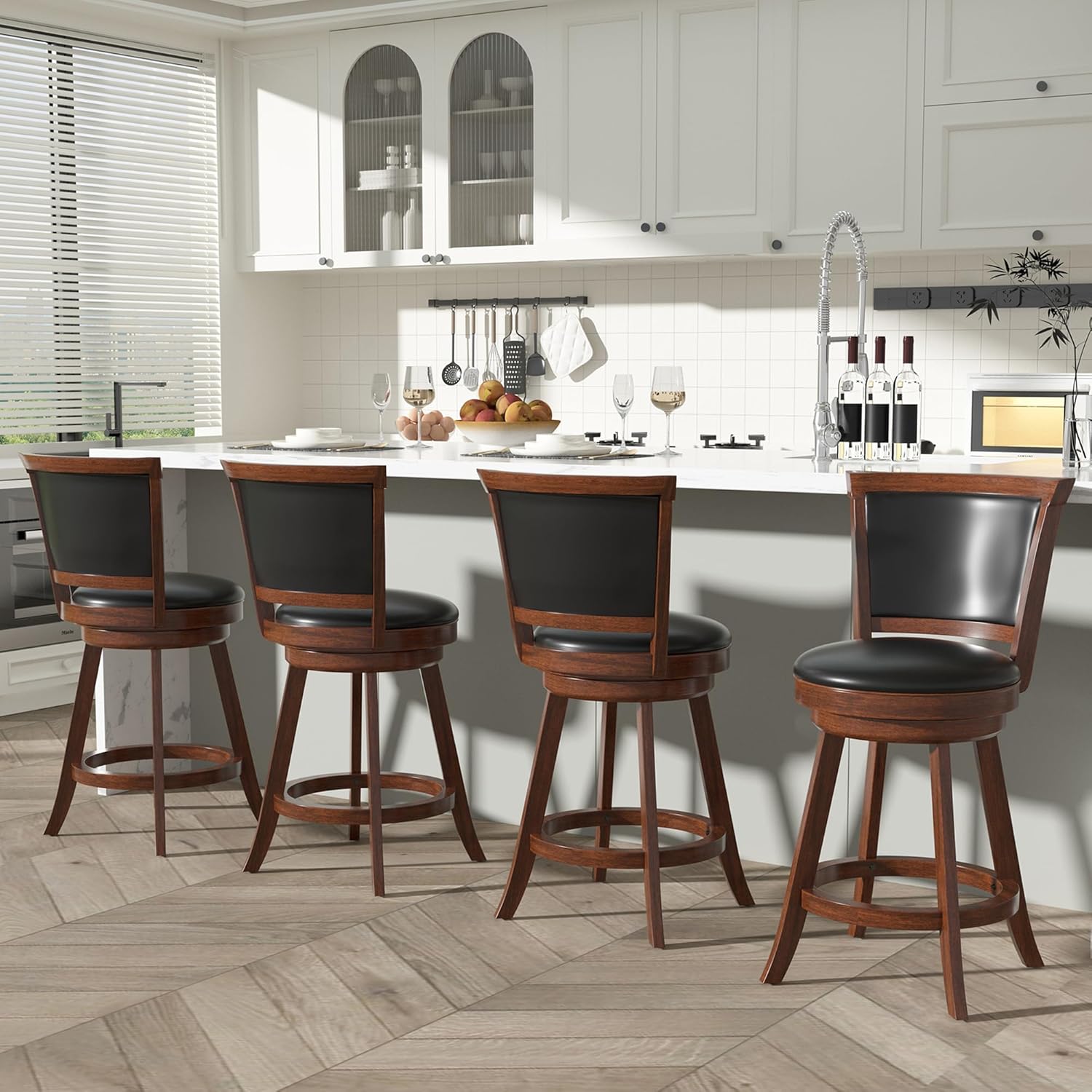 Betterhood  24" Counter Height Swivel Bar Stools, High Back Swivel Counter Stools with Black Faux Leather Upholstered Seat & Solid Wood Footrest, Counter Bar Chairs for Kitchen Island & Pub (Brown, Set of 2)