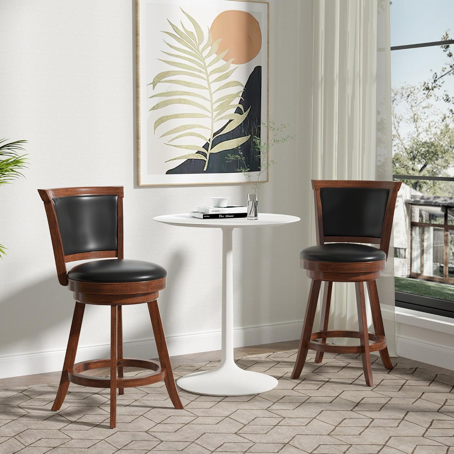 Betterhood  24" Counter Height Swivel Bar Stools, High Back Swivel Counter Stools with Black Faux Leather Upholstered Seat & Solid Wood Footrest, Counter Bar Chairs for Kitchen Island & Pub (Brown, Set of 2)