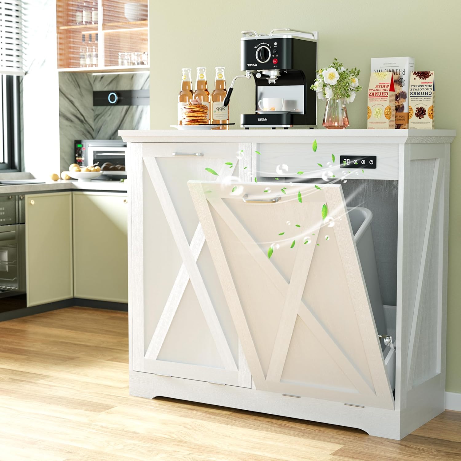 Betterhood Double 10 Gallon Tilt Out Trash Can Cabinet with Deodorising Function, Modern Farmhouse Wooden Hidden Garbage Bin Holder for Kitchen, Dining Room, Bathroom, White