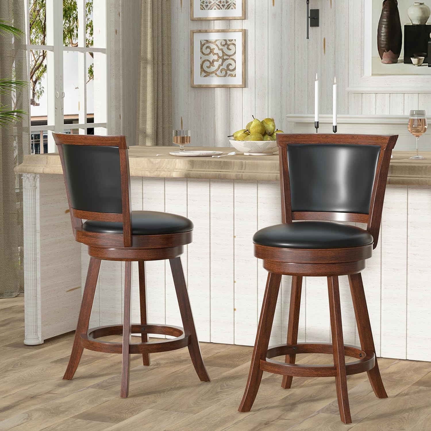 Betterhood  24" Counter Height Swivel Bar Stools, High Back Swivel Counter Stools with Black Faux Leather Upholstered Seat & Solid Wood Footrest, Counter Bar Chairs for Kitchen Island & Pub (Brown, Set of 2)