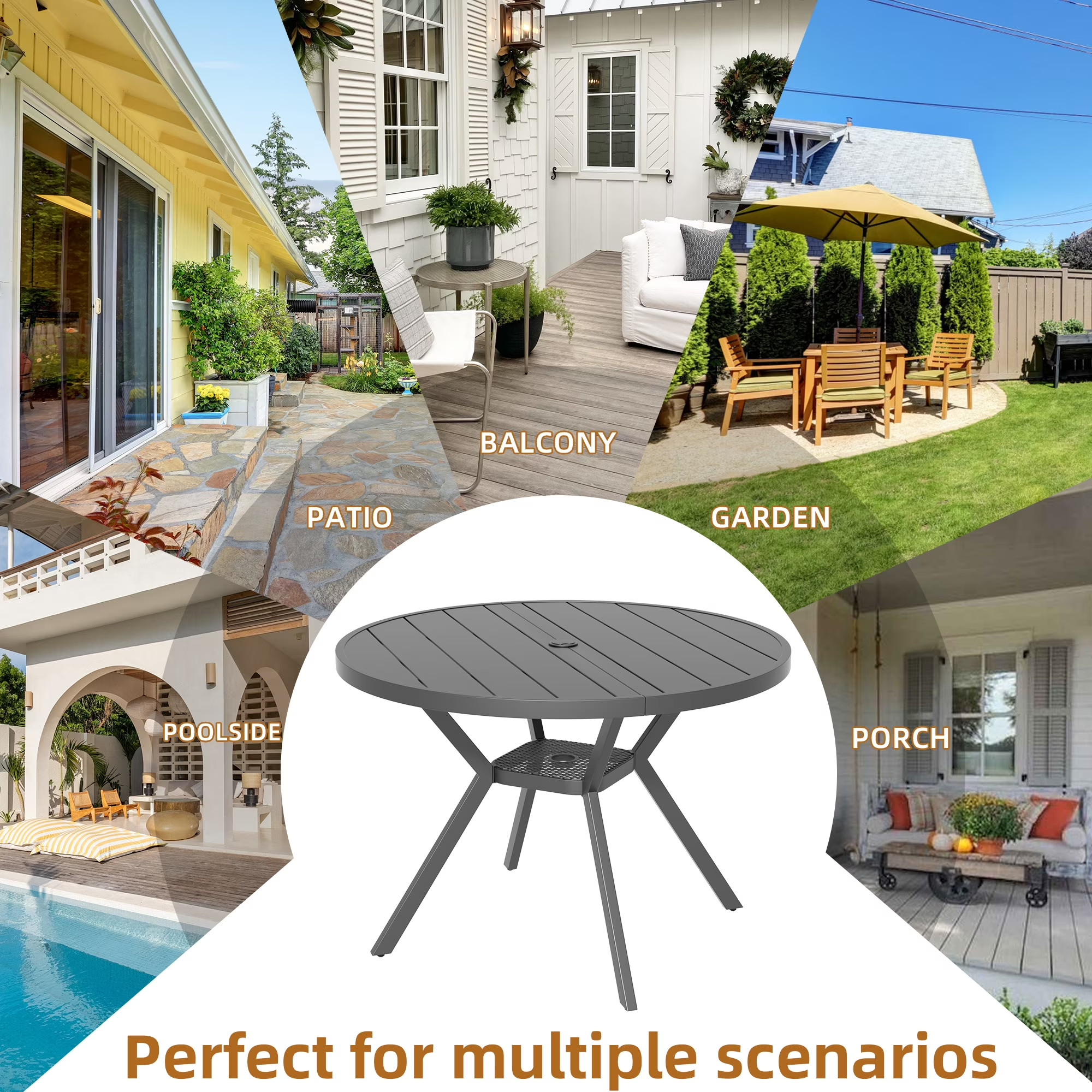 Zidtia 42" Round Outdoor Patio Dining Table, All-Weather Metal Patio Table with Adjustable Umbrella Hole, Weather Resistant Patio Furniture,Grey