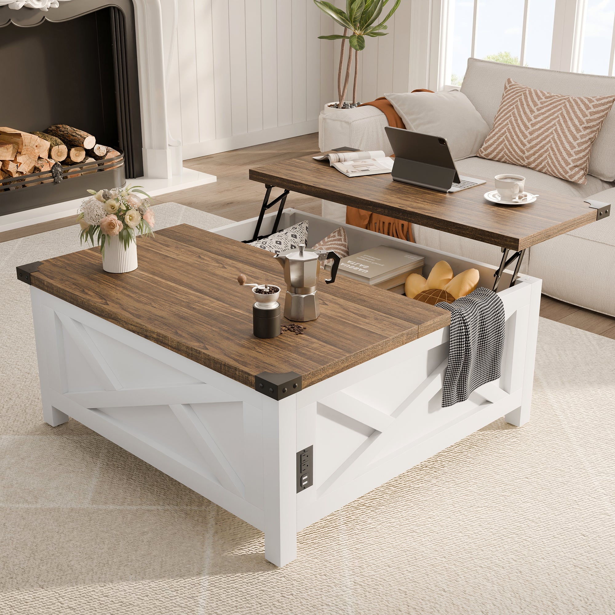 Farmhouse Wood Coffee Table with Charging Station and Barn Door for Living Room, White