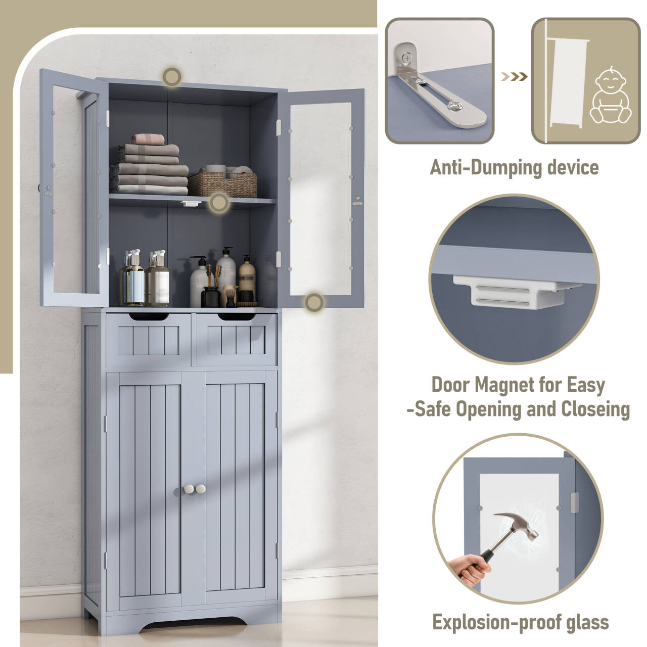 67" Tall Bathroom Storage Cabinet, Freestanding Cabinet with Glass Doors and Shelves, Large Bathroom Pantry with 2 Drawers for Living Room, Kitchen, Dining Room, Office, Gray