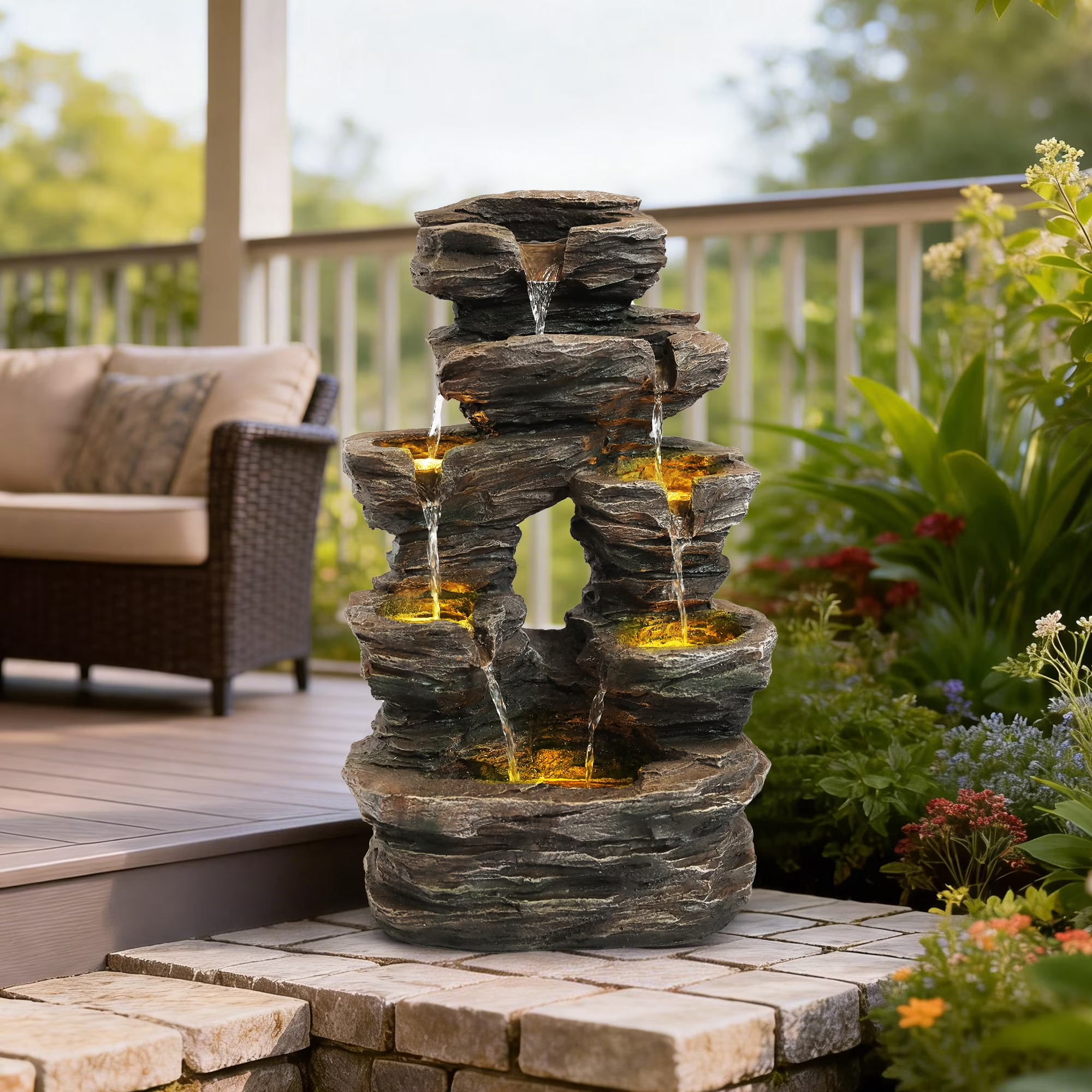 7-Tier Cascading Rock Water Fountain, Outdoor Water Fountain with LED Light, Adjustable Flow & Electric Pump, Outdoor Garden Waterfall for Patio, Yard, Balcony or Home Decor (Gray)