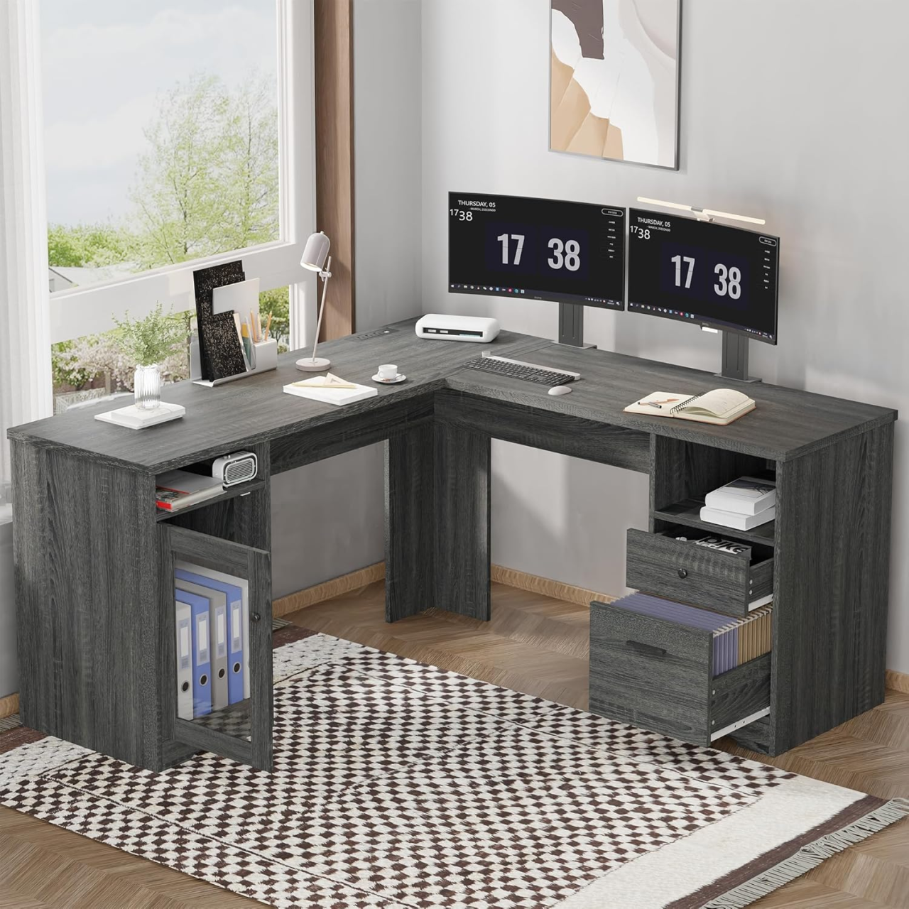 MU L Shaped Desk with File Cabinet, Corner Computer Desk with Storage Drawers, Large Home Office Table with Power Outlets, 60 Inch (Grey)